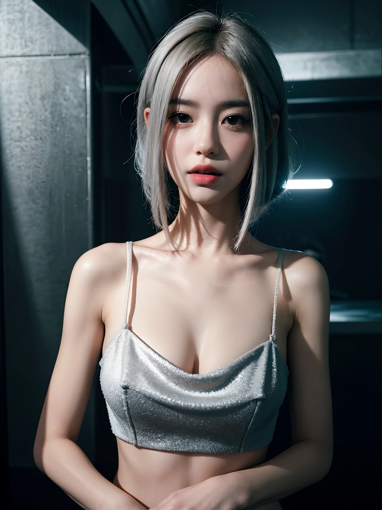 Best quality, masterpiece, ultra high res, (photorealistic:1.4), raw photo, 1girl, silver hair, shiny skin, dramatic lighting