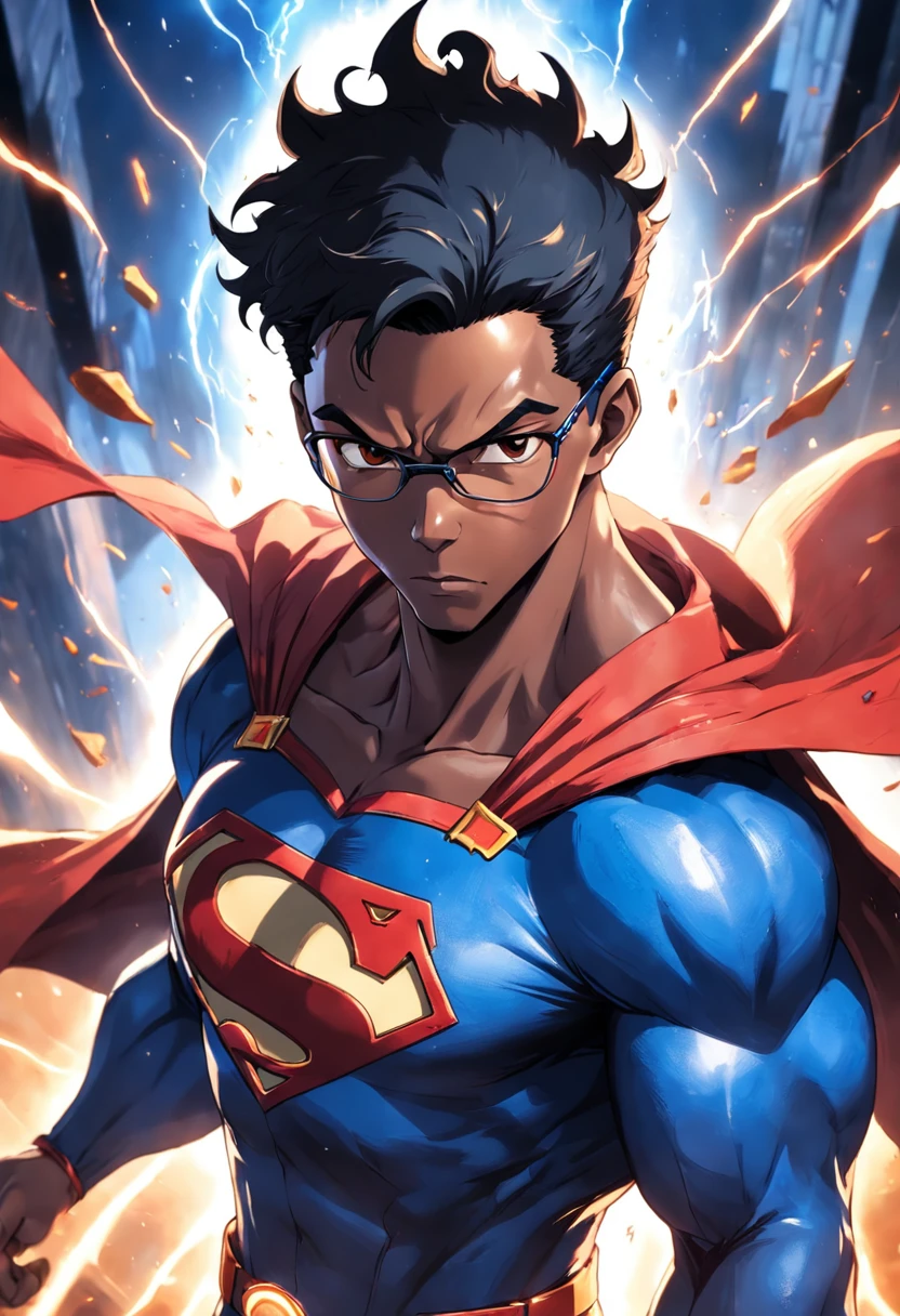(best quality:1.33), (masterpiece:1.42), (realistic:1.24), (detailed:1.15), Generate an image of a 34-year-old black man with glasses dressed as a superman with flashy special effects and eye-catching, such as bursts of energy or lightning, Ross Tran style, professional photo shoot, action shot, cowboy shot, kaleidoscope