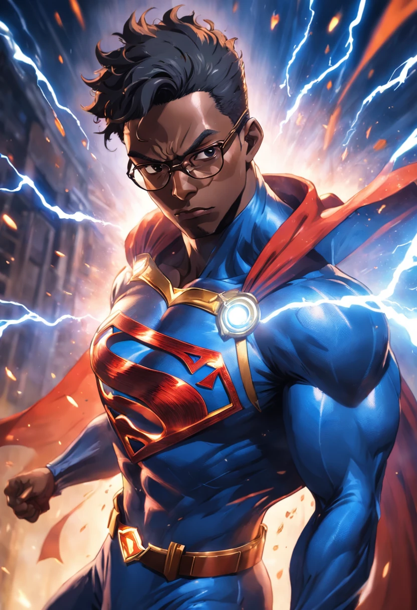 (best quality:1.33), (masterpiece:1.42), (realistic:1.24), (detailed:1.15), Generate an image of a 34-year-old black man with glasses dressed as a superman with flashy special effects and eye-catching, such as bursts of energy or lightning, Ross Tran style, professional photo shoot, action shot, cowboy shot, kaleidoscope