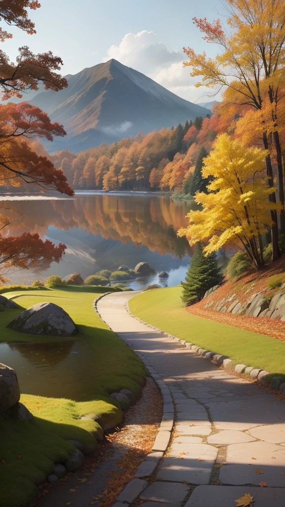 Autumn,中景 the scene is,Maple leaves,niji,High-precision landscape photos,There are no roles,Far Mountain,The slate path is just ahead,The lake is right next to it