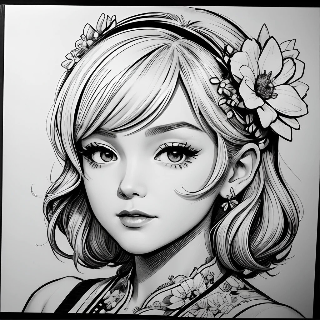 Black and white stick figure 1 girl with flowers, lots of flowers in background, loli in dress with flowers, its fine ink line art, comic style, portrait of ploynesian girl, Marilyn Munroe, Hollywood glam, beautiful line art, black and white comic style, manga style, manga art style, pencil and ink caricature drawing, black and white coloring