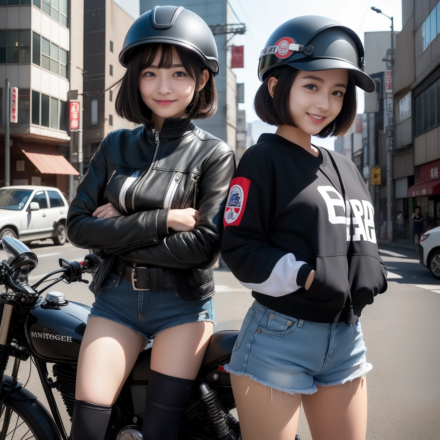 ((Japan Beauty))18year old、childish、short-cut、(Full body shot 1.5)、A dark-haired、Wearing a black rider jacket、Rider in leather jeans、8K、Super beautiful、masterpiece、a beauty girl、cups(((Big Eyes 1.6))).Beautiful eyes、long lashes、thin lipss、(smile1.3)、white tank tops、Inner Top White、bending forward、Arms crossed in front of the body、Enlarge Batten's Pose、Underpants、shortpants、Denim Fabric Shorts、Short boots、Wear black short boots、Background in the city、Intersection in the background、Motorcycle on background、real looking skin、Beautiful skins、A mischievous smile、Half-cap helmet on the head、Black helmet、Super beauty、childish、Brown eyes、japanes、