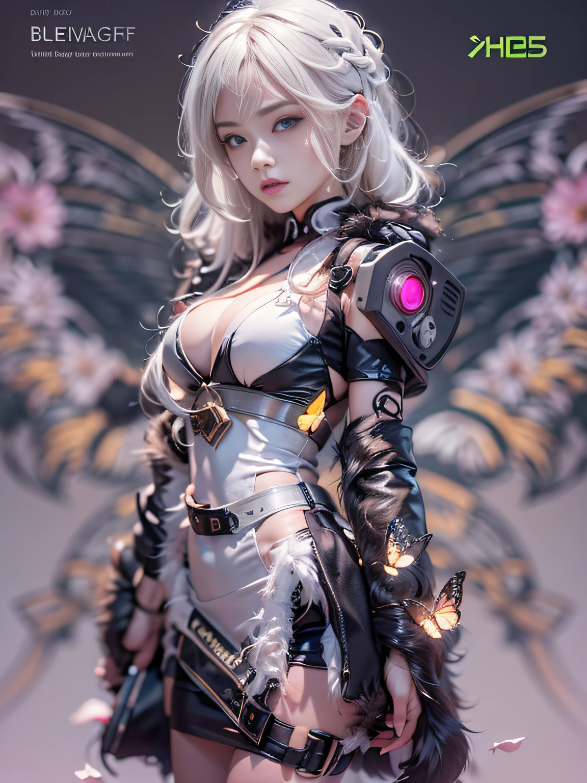 （（best qualtiy））， （（tmasterpiece））， （the detail：1.4）， 。.。.。.3D， Beautiful cyberpunk female images，hdr（HighDynamicRange），Ray traching，NVIDIA RTX，Hyper-Resolution，Unreal 5，sub surface scattering，PBR textures，post-proces，Anisotropy Filtering，depth of fields，maximum definition and sharpness，Many-Layer Textures，Albedo e mapas Speculares，Surface coloring，Mitsu-Accurate simulation of material interactions，perfectly proportions，rendering by octane，Two-colored light，largeaperture，Low ISO，White balance，Rule three points、8K raw data、beautiful bright pupils，flowing robe，Fine pupils，Delicate face and eyes，long eyelasher，Blushlush，Fluffy blonde hair，Pink lips，Pure，Cute big breasts，Cherry blossom petals fall，Glowing butterflies，Glowing butterflies，Glowing butterflies，