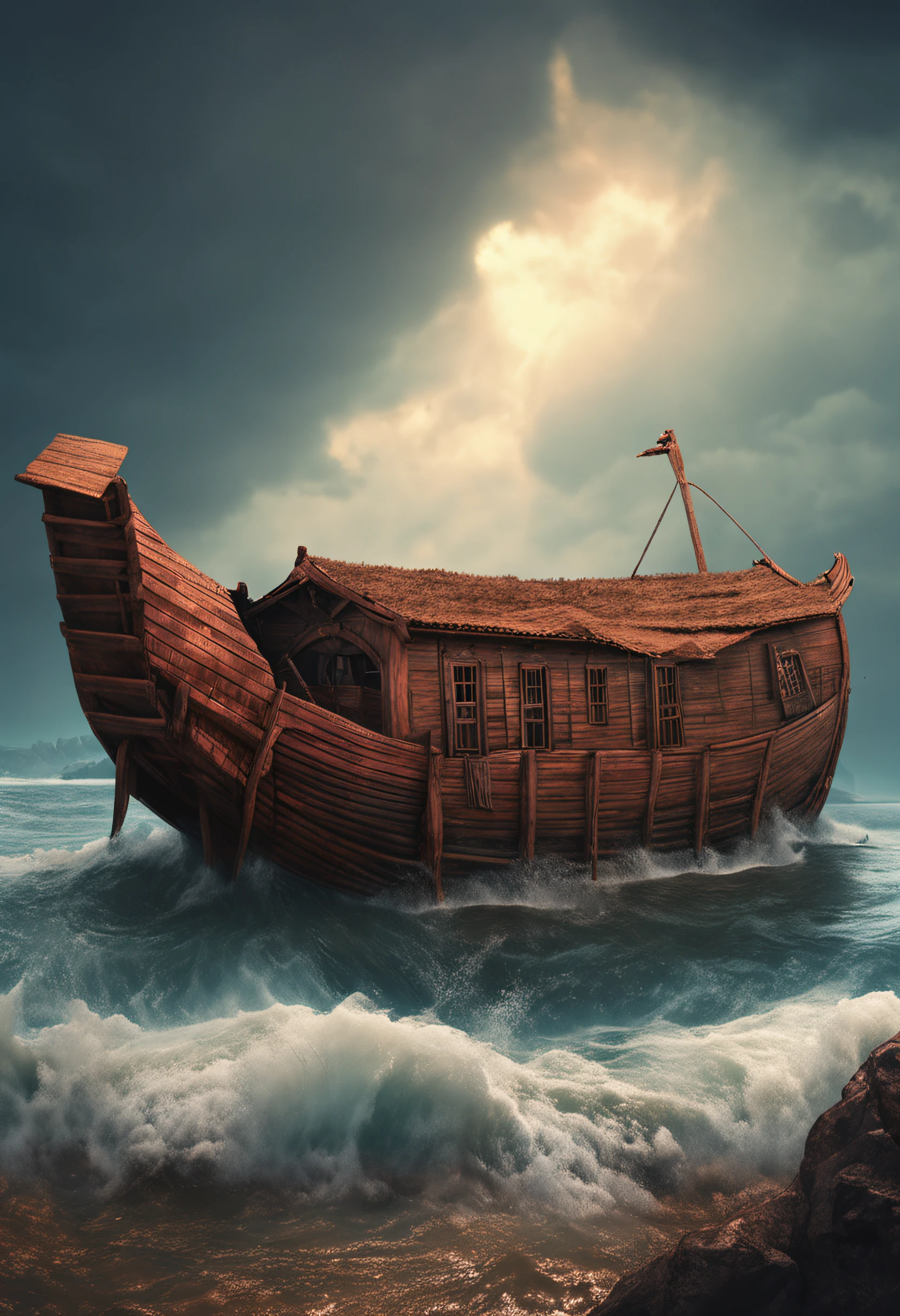 Noah's ark, endless flood water, ancient ark of Noah, accurate, detailed, 8k
