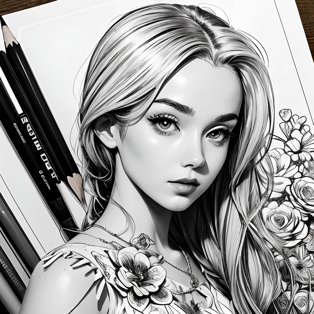 Black and white stick figure 1 girl with flowers, lots of flowers in background, in dress with flowers, its fine ink line art, comic style, portrait of ploynesian girl, Marilyn Munroe, Hollywood glam, beautiful line art, black and white comic style, manga style, manga art style, pencil and ink caricature drawing, black and white coloring