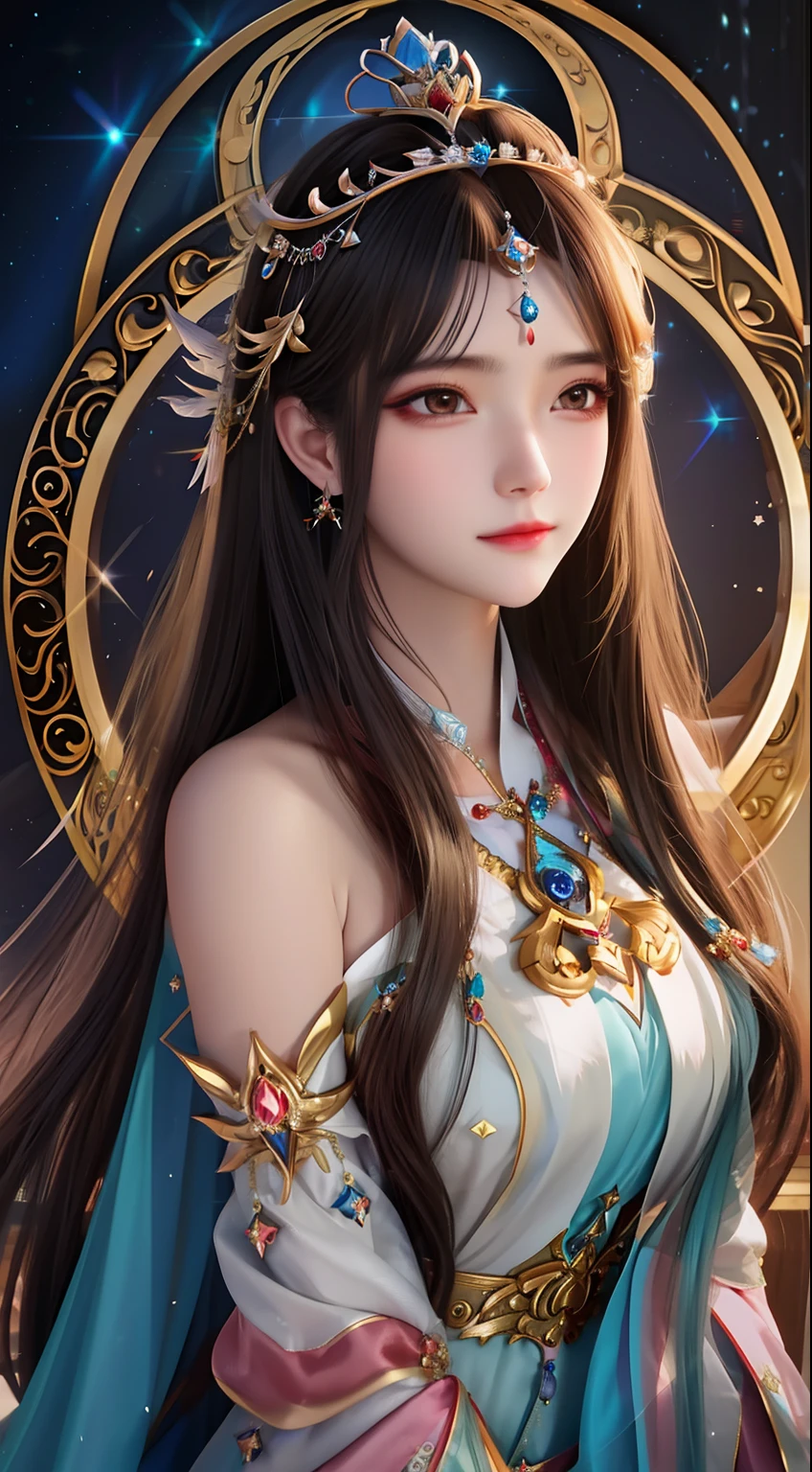 A woman with long hair wearing a crown and dress, Beautiful celestial mage, ((a beautiful fantasy empress)), a beautiful fantasy empress, Portrait Chevaliers du Zodiaque Fille, Anime goddess, celestial goddess, Beautiful character painting, portrait of a beautiful goddess, Fantasy art style, by Yang J, a stunning portrait of a goddess, Inspired by Lan Ying, goddess portrait, Beautiful goddess