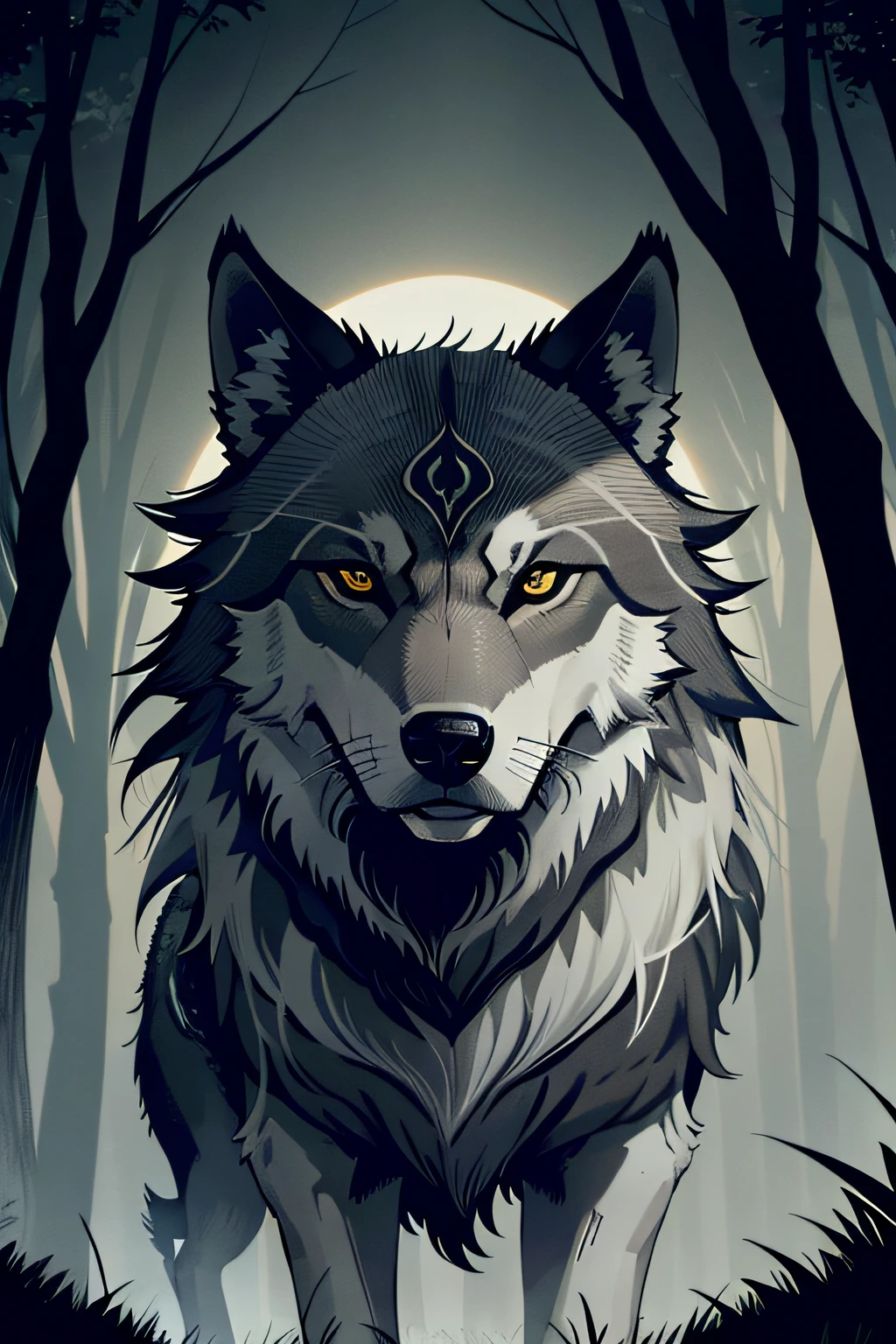 Spirit of a dark gray wolf, numa floresta a noite