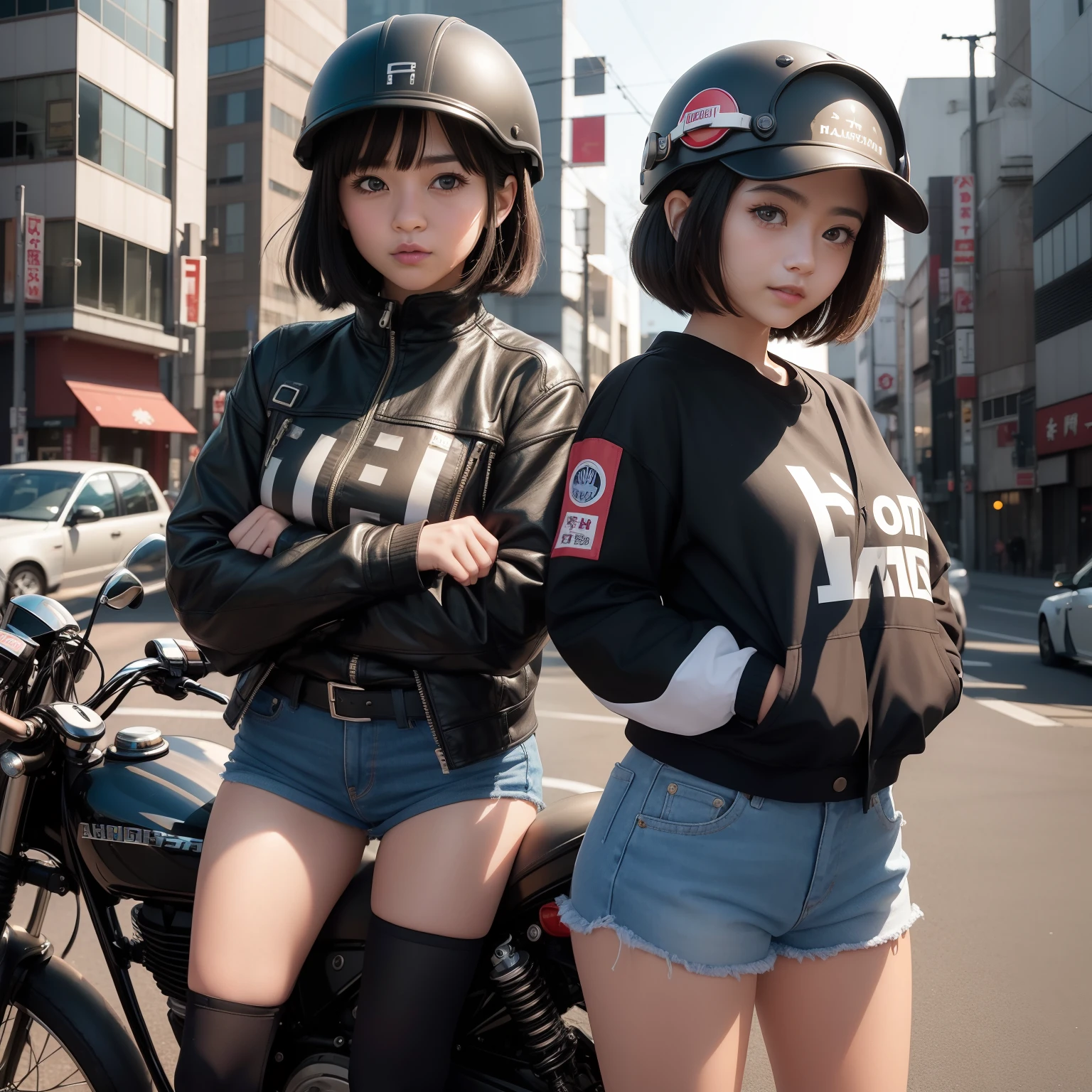 ((Japan Beauty))18year old、childish、short-cut、(Full body shot 1.5)、A dark-haired、Wearing a black rider jacket、Rider in leather jeans、8K、Super beautiful、masterpiece、a beauty girl、cups(((Big Eyes 1.6))).Beautiful eyes、long lashes、thin lipss、(smile1.3)、white tank tops、Inner Top White、bending forward、Arms crossed in front of the body、Enlarge Batten's Pose、Underpants、shortpants、Denim Fabric Shorts、Short boots、Wear black short boots、Background in the city、Intersection in the background、Motorcycle on background、real looking skin、Beautiful skins、A mischievous smile、Half cap helmet on the head、Black helmet、Super beauty、childish、Brown eyes、japanes、