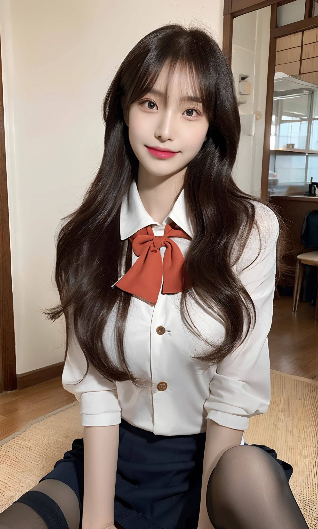 ulzzang-6500-v1.1, (raw photo:1.2), (photorealistic:1.4), beautiful detailed girl, very detailed eyes and face, beautiful detailed eyes, ridiculous, incredibly ridiculous, huge file size, super detailed, high resolution, very detailed, best quality, masterpiece, kemomimi, ((Japanese girls' high school uniform)), illustration, very detailed, CG, unified, 8k wallpaper, amazing, Fine details, masterpiece, best quality, very detailed CG uniform 8k wallpaper, light on face, cinematic lighting, 1girl, , ((no panties)), ((dynamic pose))), (camel toe), (half), (pantyhose), (knee-bending leg sitting))