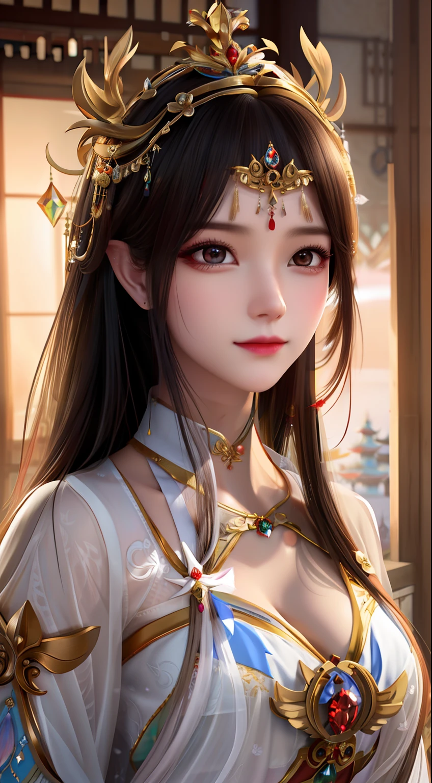 One in a white dress,Woman with a golden crown on her head, a beautiful fantasy empress, ((a beautiful fantasy empress)), beautiful age girl, Anime goddess, Inspired by Lan Ying, beautiful and elegant elf queen, Beautiful goddess, inspired by Du Qiong, trending on cgstation, beautiful fantasy maiden, Palace , A girl in Hanfu, Princesa chinesa antiga, China Princess