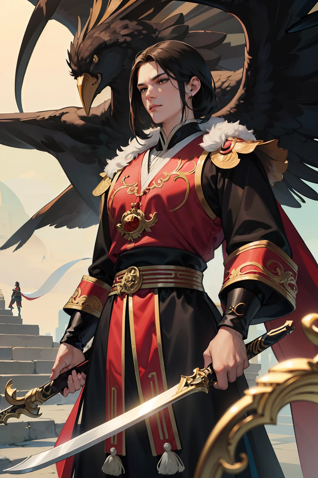 2mulheres maduras,cabelos negros,compridos presos em uma tiara,olhos escuros,usando roupa sexy hunfa antiga wuxia,voluptuosa seios grandes,impetuosa,arrogante,mulher muito linda,roupa feminina cor dourada,lider de seita,(ultra realista,extremamente detalhado)Standing in an imposing position holding a large battle sword with a large giant eagle at its side.