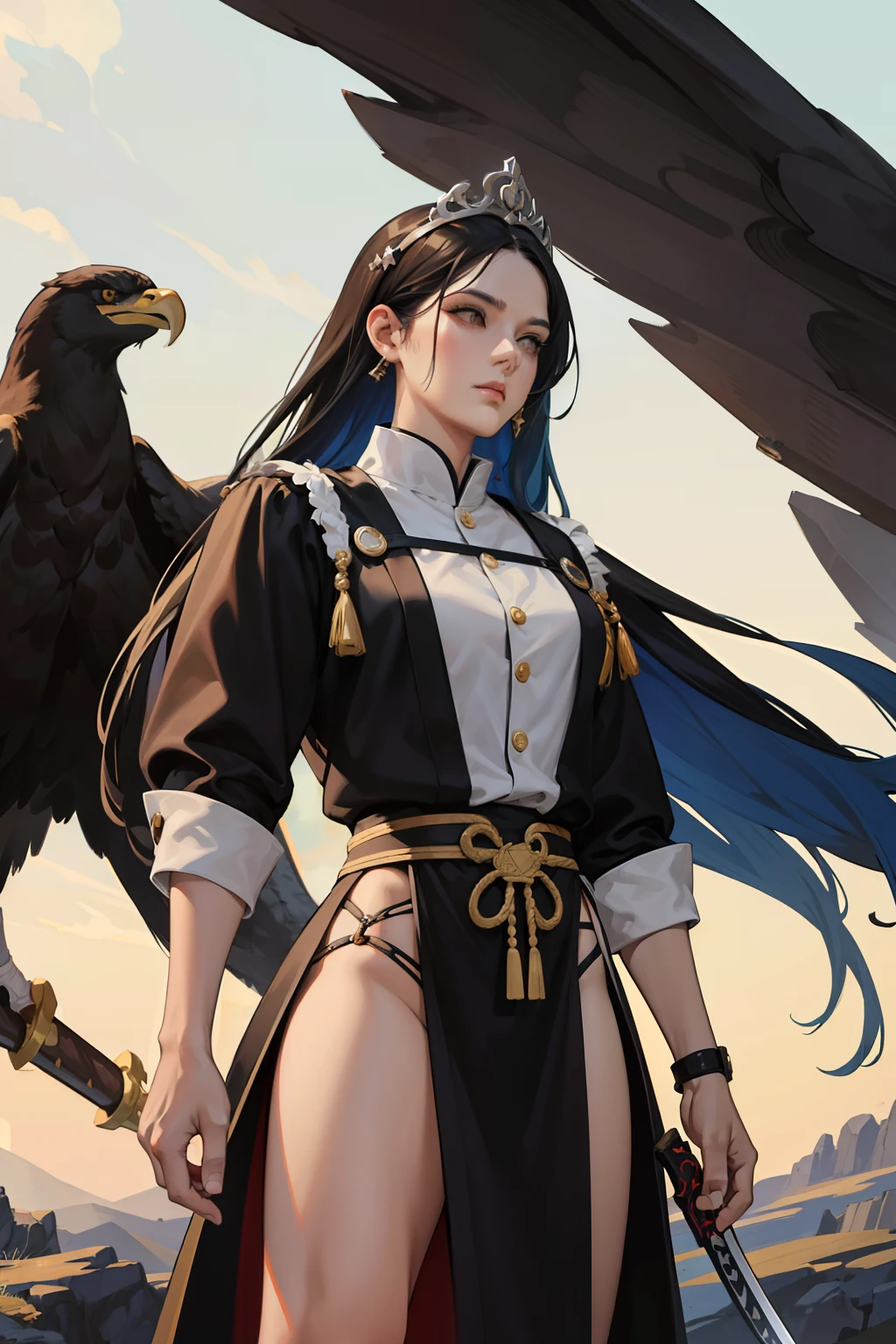 2mulheres maduras,cabelos negros,compridos presos em uma tiara,olhos escuros,usando roupa sexy hunfa antiga wuxia,voluptuosa seios grandes,impetuosa,arrogante,mulher muito linda,roupa feminina cor dourada,lider de seita,(ultra realista,extremamente detalhado)Standing in an imposing position holding a large battle sword with a large giant eagle at its side.