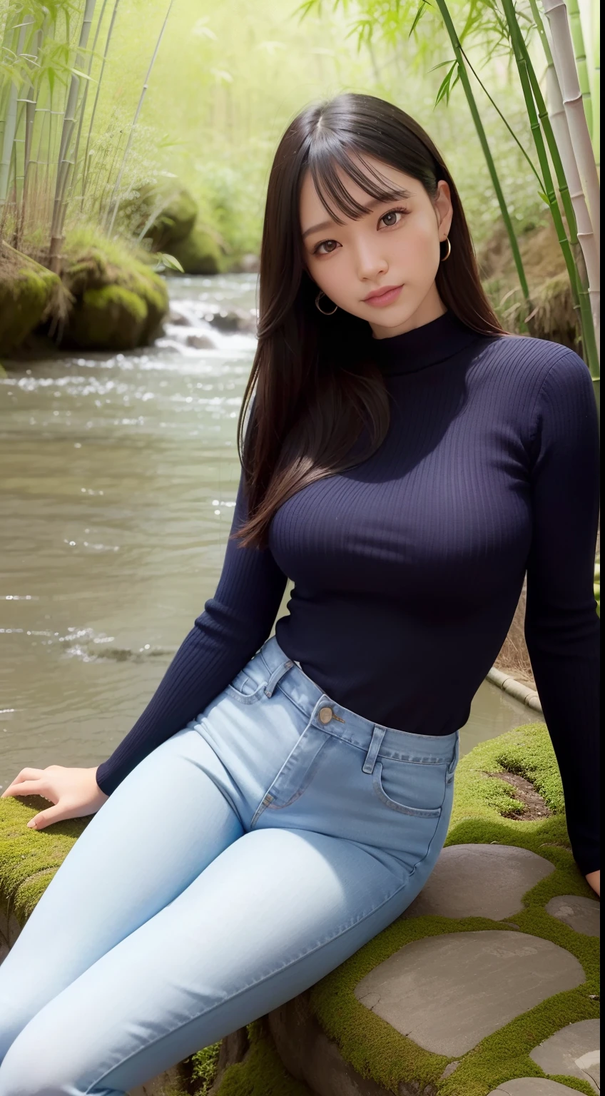 a pregirl,ssmile,looking at viewert,Tight sweater,skintight jeans,photore, realisticlying, Best quality at best, 详细的脸,Detailed eyes,Sitting sideways on a large mossy stone in a bamboo forest,It is surrounded by a river, diffuselighting, depth of fields