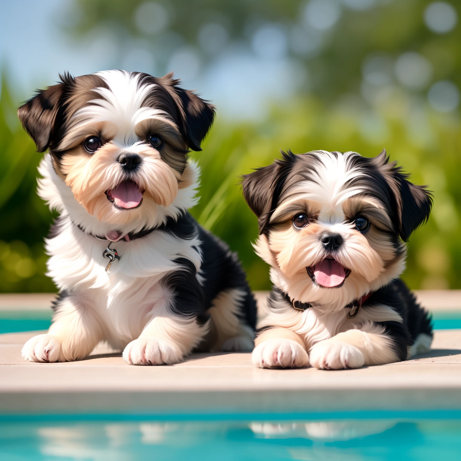 hyper Quality,Cute two Shih Tzu puppies,different body colors,swimming in the pool,smile,black eyes,barking,narrow eyes,smile,eos r3 28mm