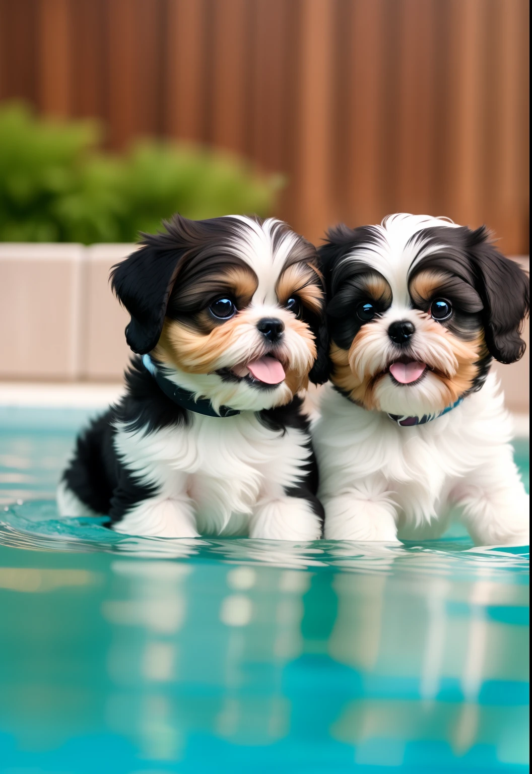 hyper Quality,Cute two Shih Tzu puppies,different body colors,swimming in the pool,smile,black eyes,barking,narrow eyes,smile,eos r3 28mm