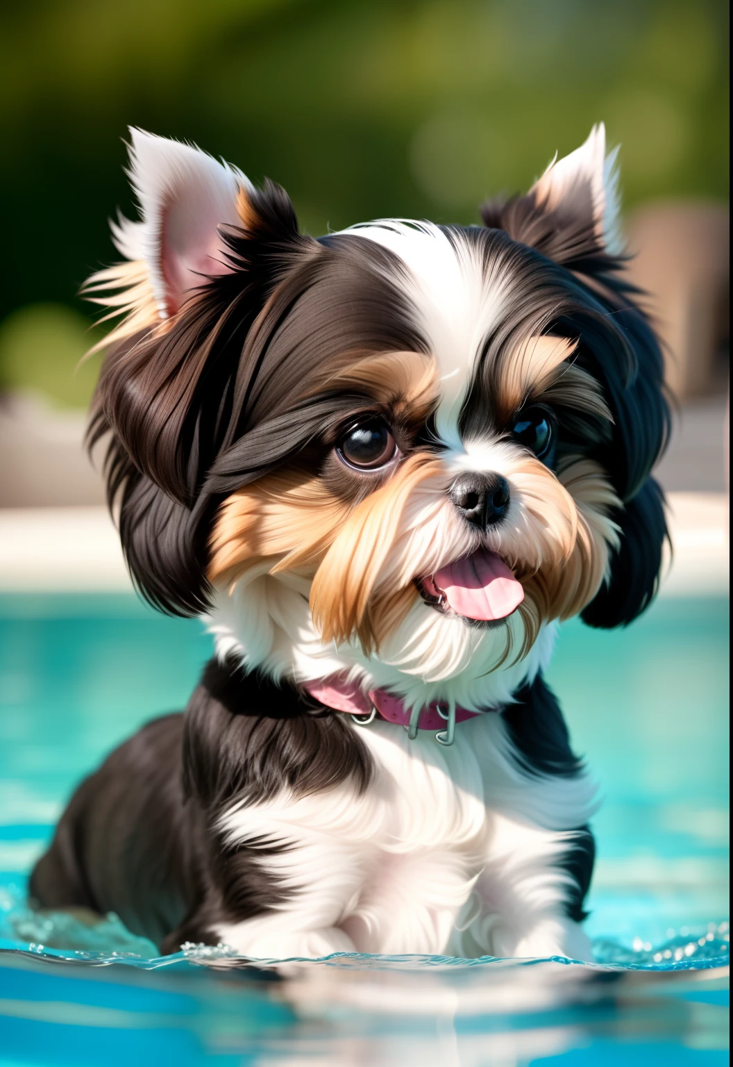 hyper Quality,Cute two Shih Tzu puppies,different body colors,swimming in the pool,smile,black eyes,barking,narrow eyes,smile,eos r3 28mm