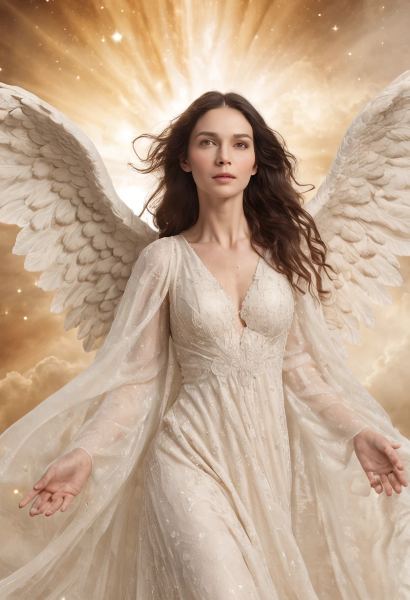 Archangel Gabriel, male figure, wrapped in a simple white gown, dark hair, looking 45 years old, (((descending from the heavens amid the clouds)))), celestial look, full-length, perfectly structured, watercolor, a 45-year-old man, golden dress bathed in starlight, lights in the air, fine fluid shapes, sublime, intricate details, headroom, made in photoshop, dynamic scene, high detail, high-res, vivid colors, explosion of colors, composite lighting, soft shadows, good composition, well drawn, sharp, sharp focus, beautiful, home screen