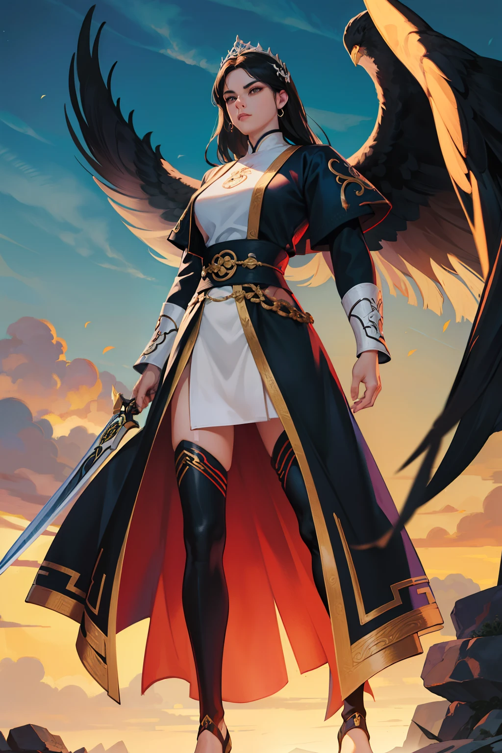 2mulheres maduras,cabelos negros,compridos presos em uma tiara,olhos escuros,usando roupa sexy hunfa antiga wuxia,voluptuosa seios grandes,impetuosa,arrogante,mulher muito linda,roupa feminina cor dourada,lider de seita,(ultra realista,extremamente detalhado)Standing in an imposing position holding a large battle sword with a large giant eagle at its side.