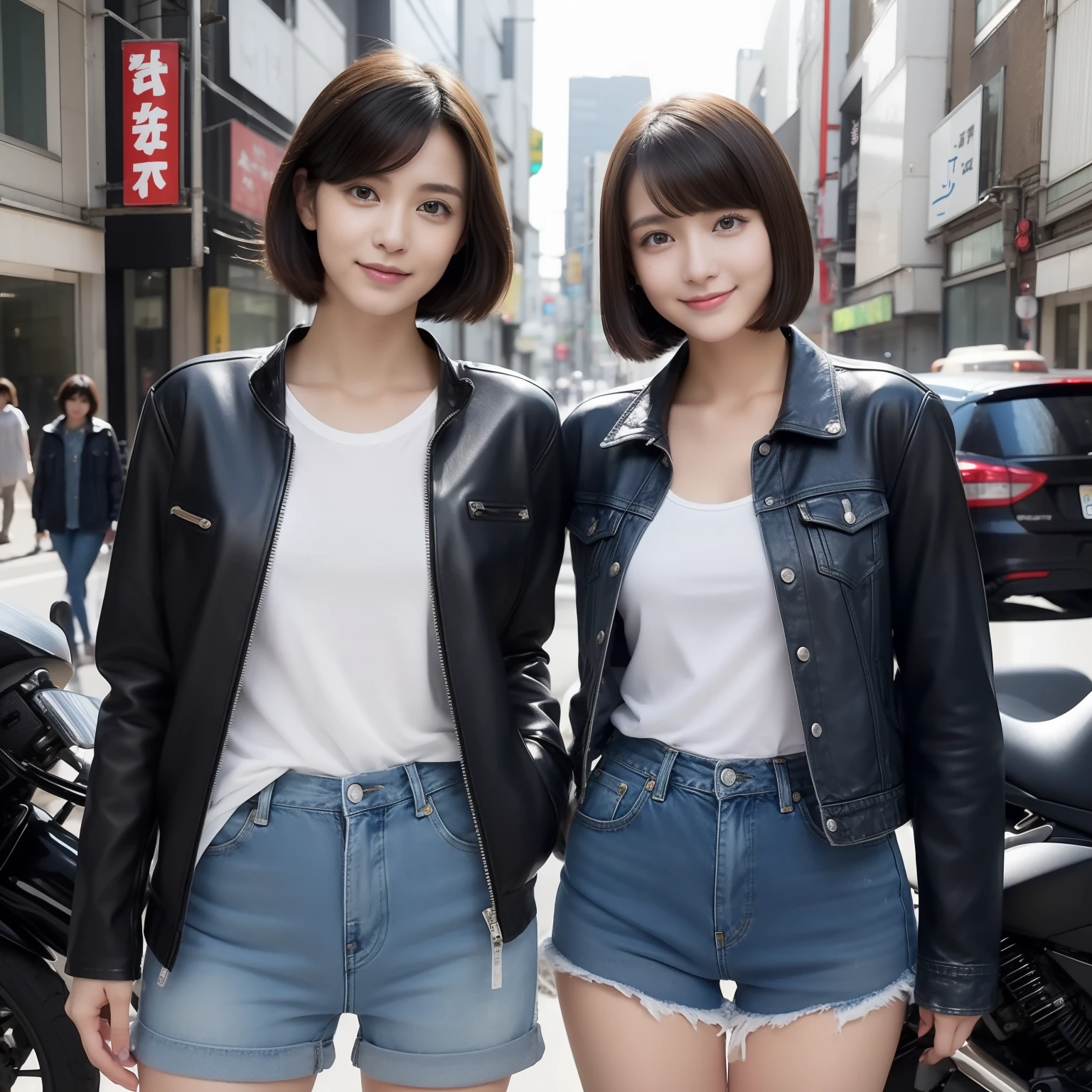((Japan beauty))18year old、childish、short-cut、(Full body shot 1.5)、A dark-haired、Wearing a black rider's jacket、Riders wearing leather jeans、8k、Super beautiful、masterpiece、a beauty girl、cups(((Big Eyes 1.6))).Beautiful eyes、long lashes、thin lipss、(smile1.3)、white tank tops、Inner top white、bending forward、Arms crossed in front of the body、Batten's pose in large、underpants、shortpants、Denim fabric shorts、Short boots、Wear black short boots、Background in the city、Background intersection、Motorcycle on background、real looking skin、Beautiful skins、A mischievous smile、Half-cap helmet on head、Black helmet、Super beauty、childish、Brown eyes、japanes、Facing the camera、Cross your arms in front of your body and cross your pose、Pre-release of the rider's jacket、Inner is visible、White inner top visible、Pre-release of leather jeans、