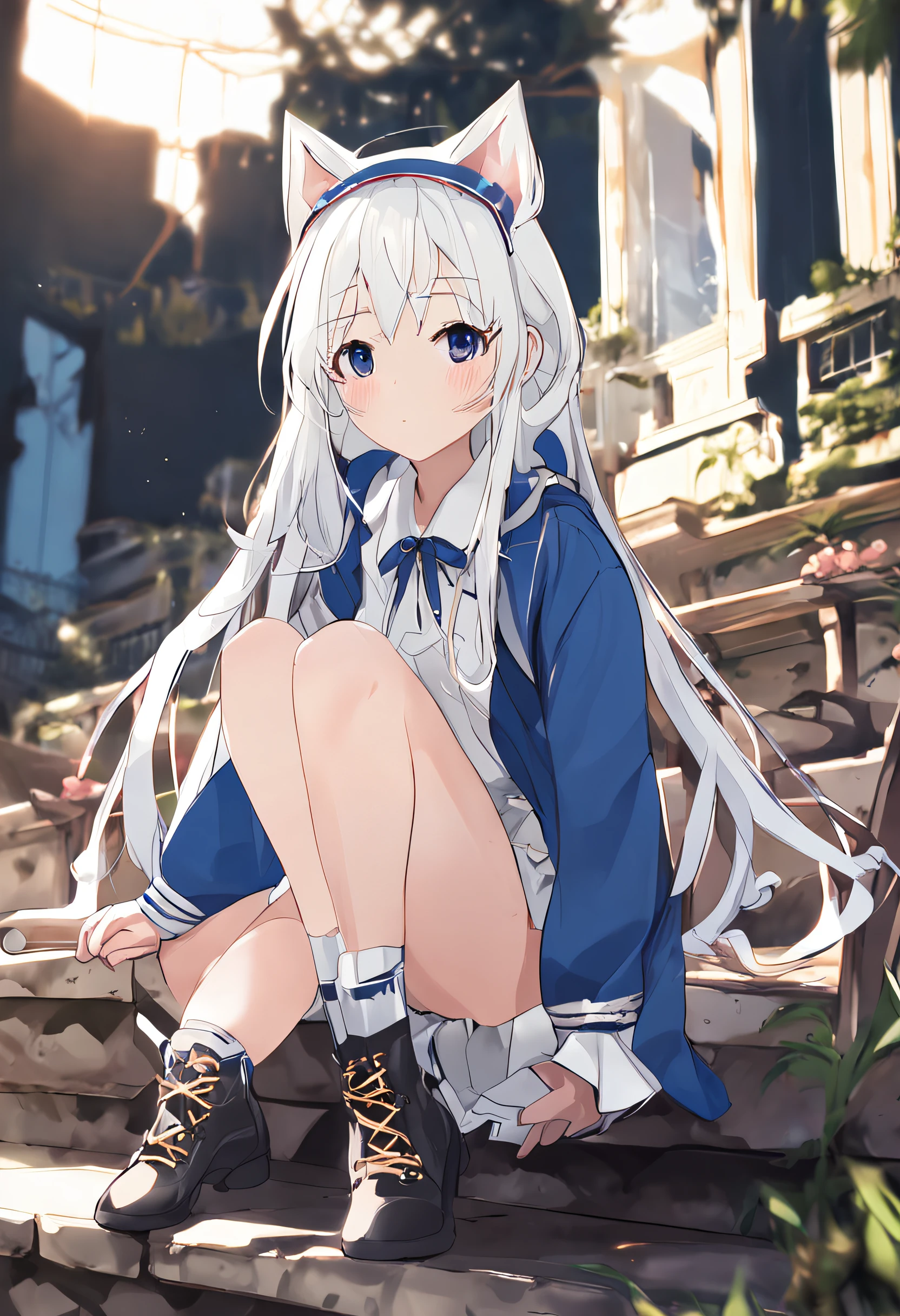 White long sleeve shirt，shining purple eyes，[Too cute:1.5]、Cat ears，[Shy Expressions:1.5]，Open white shirt，a cute **li，Leaky shoulders，Barefoot，Look up at your head，Lie on the ground，largeeyes，Cute faces in anime，Long grey hair，Lolita skirt，Rest in bed,Seductive(8k picture、top-quality、​masterpiece:1.2)、(reallistic、Photorealsitic:1.2)、 Phenomenally cute girl、3D images、sitting on、４cent, student clothes, white  panties, sockes, A dark-haired, The shirt, bblurry, Blurry headrest, looking to side, plein air, Brown Footwear, ​masterpiece, top-quality, ultra-detailliert、(((pantyshot)))、(((Spread your legs apart)))、Inviting eyes、Background, knee high, white  shirt, lowfers, life-like, length hair, s lips, Brown-eyed, Black socks, neck tie, pleatedskirt, the bow