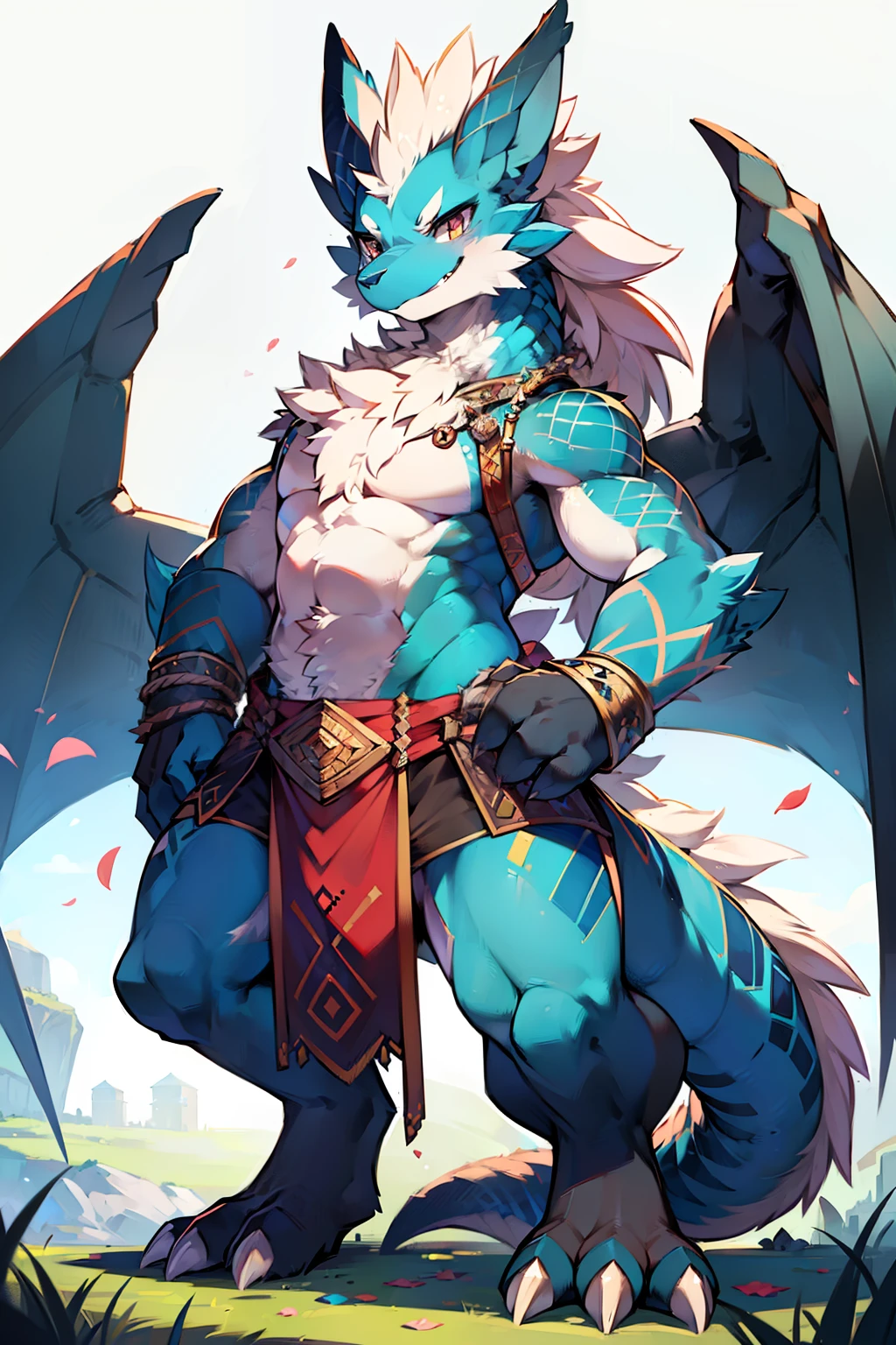 Submitted on e621， （male anthro-dragon）， standing on your feet， 独奏， musculature， Detailed scale textures， Ancient castle， （battlefiled）， （tribe outfit， （（long loincloth with）））， （Shoulder blades， Leg nails）， （Blue body， White belly）， （Art by Chuni， （Drakgam）， （rakisha））， （Kantana Garson））， （up front view）， Looks pleased， [simplebackground]， Detailed pupils， Masterpiece artwork， Caustics， edge lit， Singlelightsource， Sharp shadows， solo portrait， （digitigrade）， （komono）， Inessa Garmash， greg rutkovsky， Pino Diane， ruanjia， （light particules）， rose petals，anthro,Furry,feral,(Digital media \(artwork of a\):1.2),(hi，It's nothing,absurd res:1.2),Perfect anatomy,Anatomically correct,Detailed,Detailed face,Detailed eyes,(Realistic fur,Detailed fur:1.25),Detailed background,amazing background.