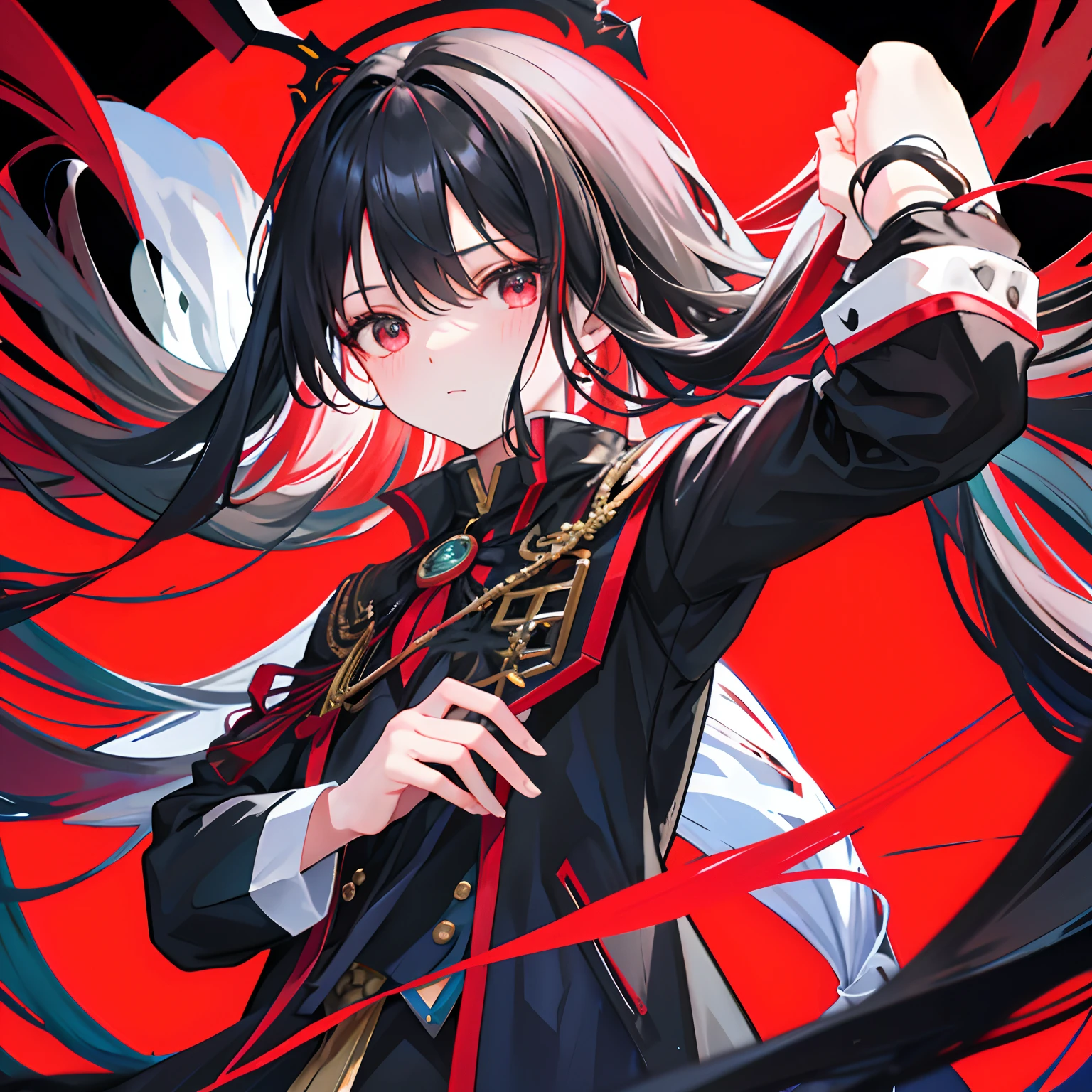 Long hair bangs do not cover the forehead,Forbidden competitive puppeteer in black and red colors,