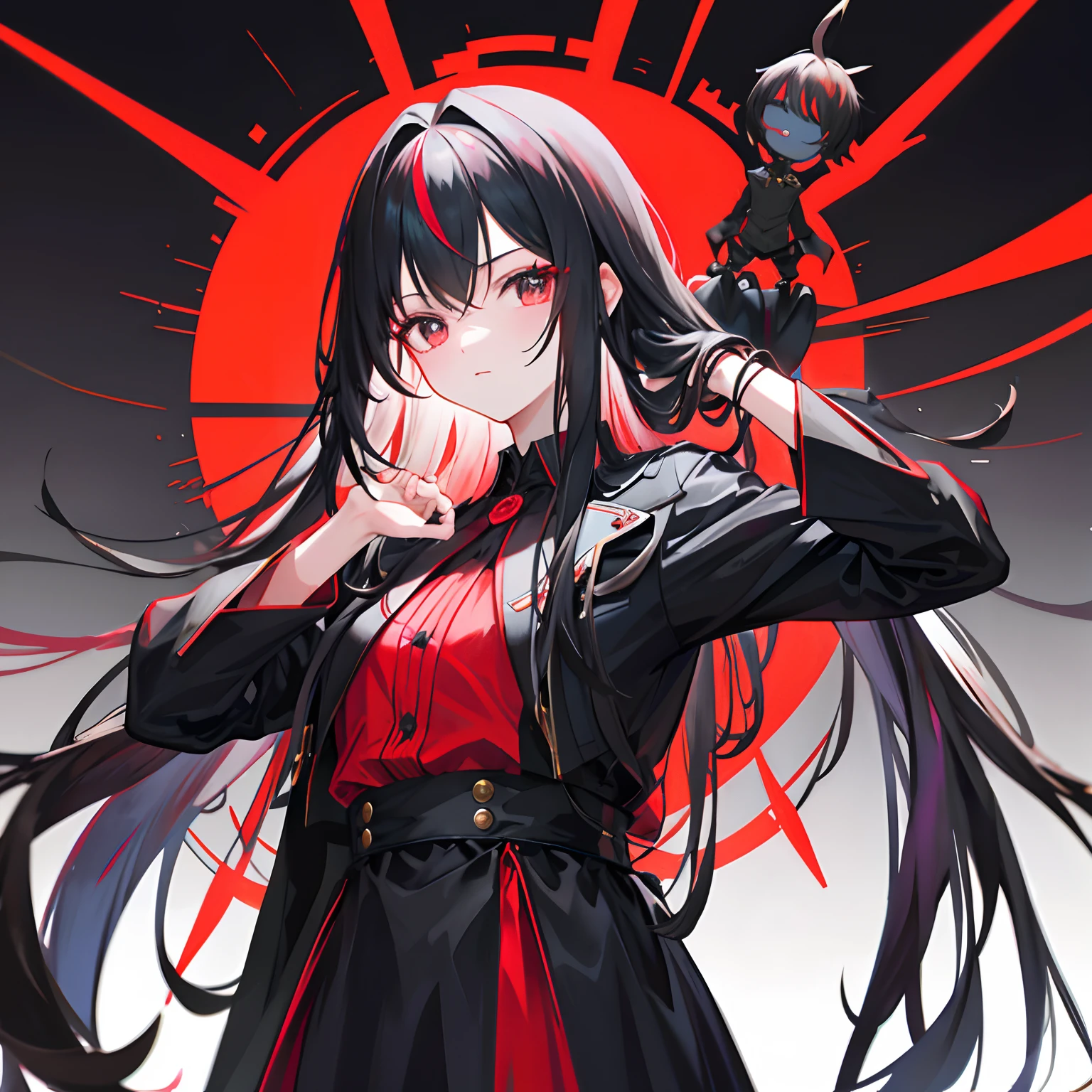 Long hair bangs do not cover the forehead,Forbidden competitive puppeteer in black and red colors,