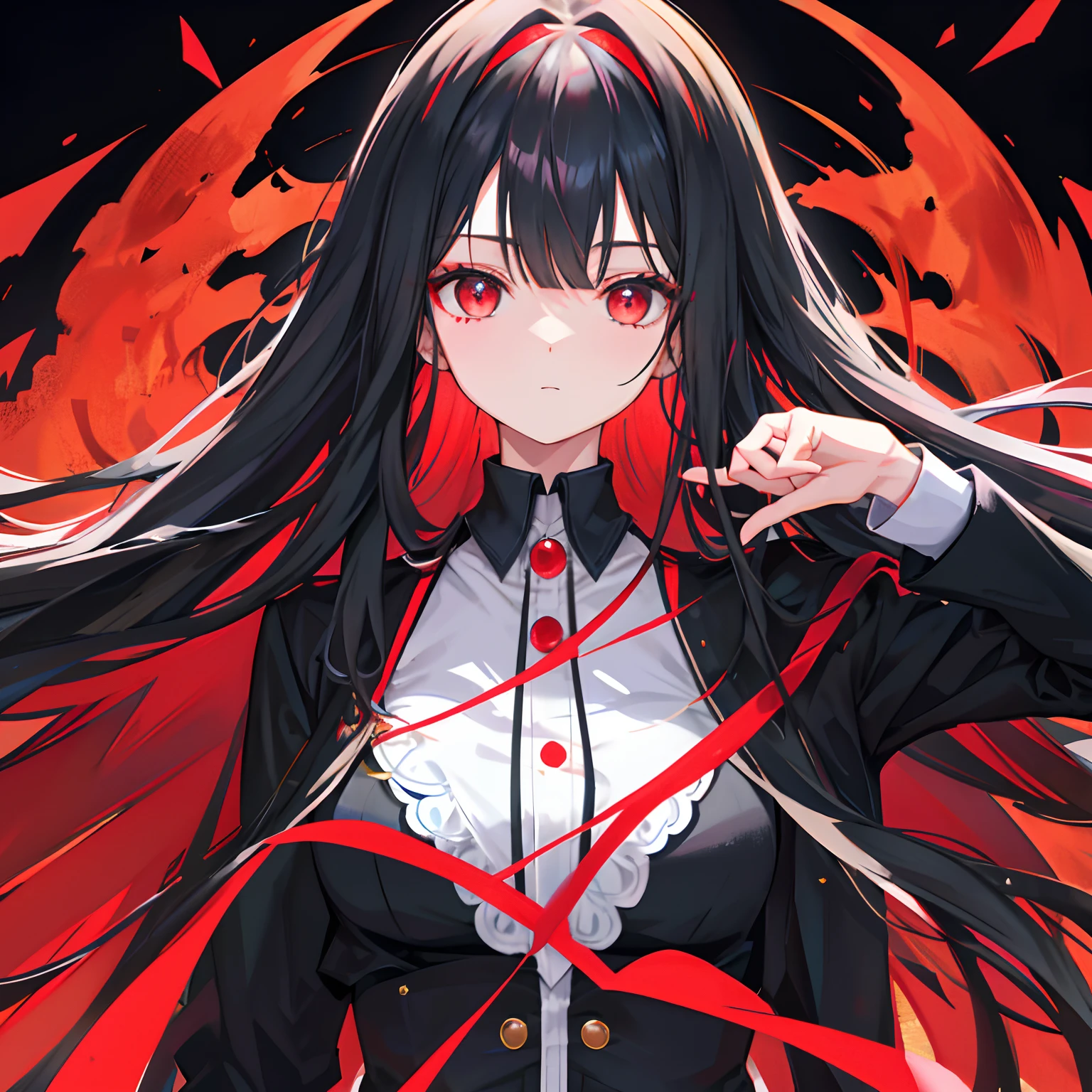 Long hair bangs do not cover the forehead，Forbidden competitive puppeteer in black and red colors，
