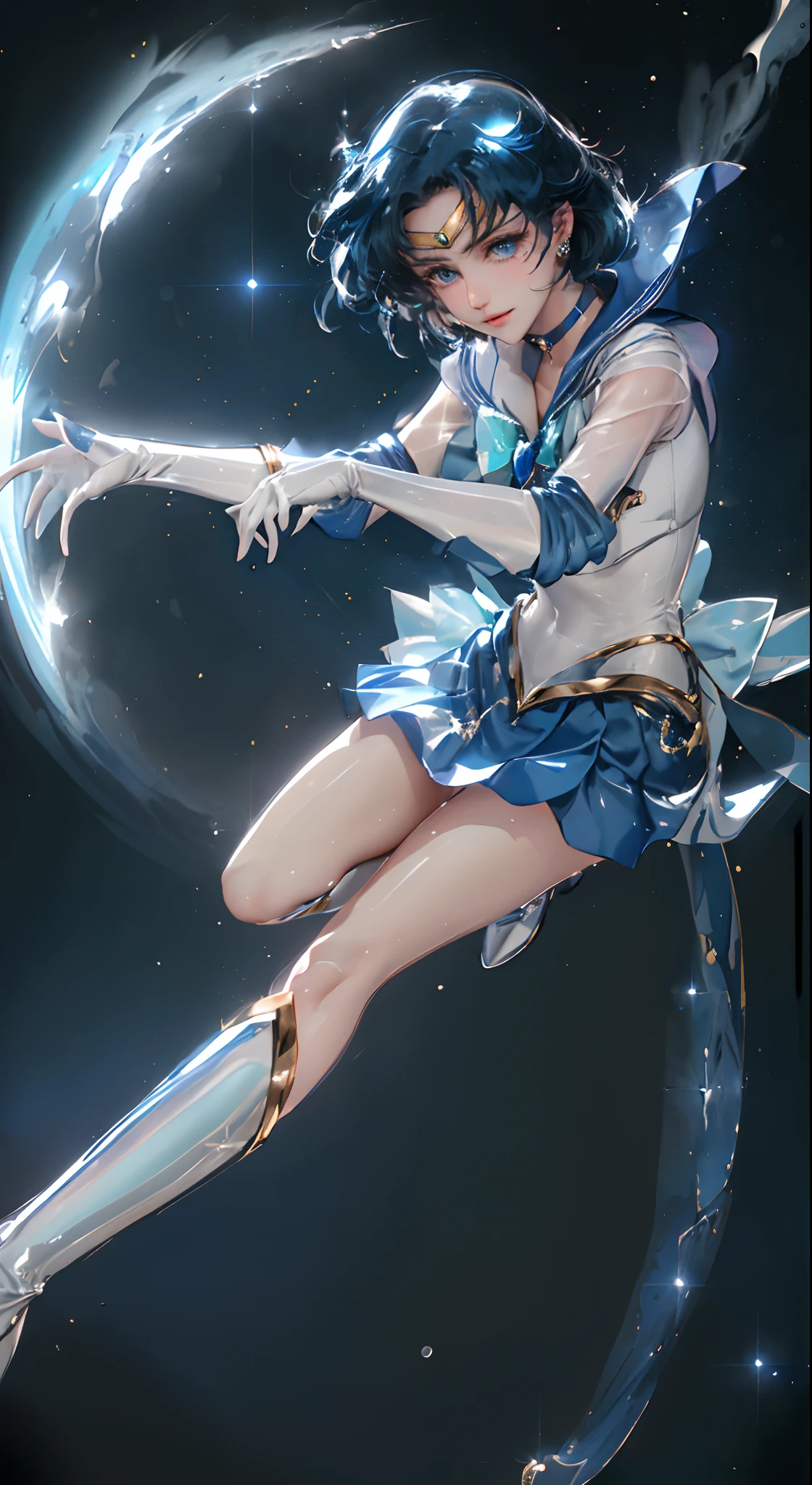 Blue Color Pleated Skirt:1.3. ultra-quality、masterpiece.。.。.。.3D、realisitic、Ultra Micro Photography、Ultra detailed CG unity 8k wallpapers、(Mer1, tiarra, Sailor Senshi Uniform、white glove、Blue sailor color、a blue skirt、Sailor Senshi Uniform:1.2、Sailor Mercury:1.3、meishaonv)、intricate-detail、(1 female)、age19、Blue-haired Sailor Senshi uniform revealed、Blue Color Pleated Skirt:1.3、((very large blue-colored bow in the center of the chest,,,,,,,,:1.3、Golden tiara on the forehead:1.2、Blue gloves on the elbows:1.2、Long knee high boots in blue enamel、Luxurious gold decoration:1.3、Saturated wide blue color、 Saturated Blue Sailor Color、Long white latex gloves with luxurious gold décor:1.3、very large blue bow behind the waist,,,,,,,,:1.1、Blue choker、))、(Very thin and fitting high gloss white holographic leather:1.3)、Bold and sexy slender high leg gravette swimsuit、Blue star-shaped earrings、partedbangs、((seducting smile、Very pretty face、Details of face:1.5、Bright blue eyes、美丽的面容、beautidful eyes、shinny eyes、thin lips:1.3、thin and sharp pale eyebrows,、long dark eyelashes、Double eyelashes))、Luxurious Golden Jewelry、(battle posture)、 a small face、Visible Pore、perfect hand:1.5、octane renderings、highly dramatic picture、sunlights、exquisite lighting and shadow、dynamic ungle、DSLR Harp、Focus:1.0、Maximum clarity and sharpness、(The divinity of water:1.1、Splattering on the background of the space、Dynamic water background、prow: 1.2、water bubbles,Dynamic Frames、mercury、rays of moonlight、a moon、Dynamic backgrounds、Background of details))