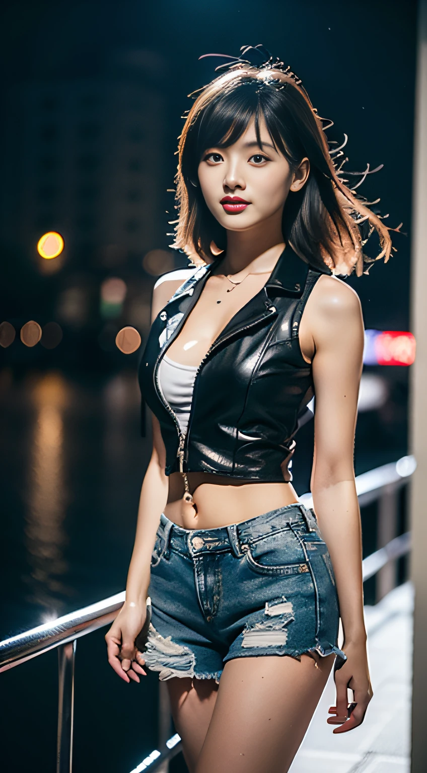 (8K分辨率,Photo above the thigh,Sideways photo of walking),(1womanl,20yr old,((Face with wide bones,s delicate face,详细的脸)),(Coiled hair,Elongated bangs),(Redlip,A smile shows a tiger tooth),Fair smooth skin,(Best Skin Type:1.21),gigantic cleavage breasts,(Gray sleeveless T-shirt,(Ultra-short to expose the navel),Tight denim shorts,((Vest line)),(Attractive thigh texture),bangle,busty figure,(The model does not look at the camera,Look ahead,Open legs,Walking on the road),perfect hand,Ultra-fine clothing material),(City night background,Deep view,Exquisite environmental details),(Professional lighting,动态照明),((The color is uniform,(white colors,brown pubic fur,black in color,red colour))),(Golden section,Cinema lenses,Thin lens stretching effect,Hasselblad photograp,tmasterpiece:1.3),(The object of fantasy,fashion art,trendsetting,Artis,Art platform)