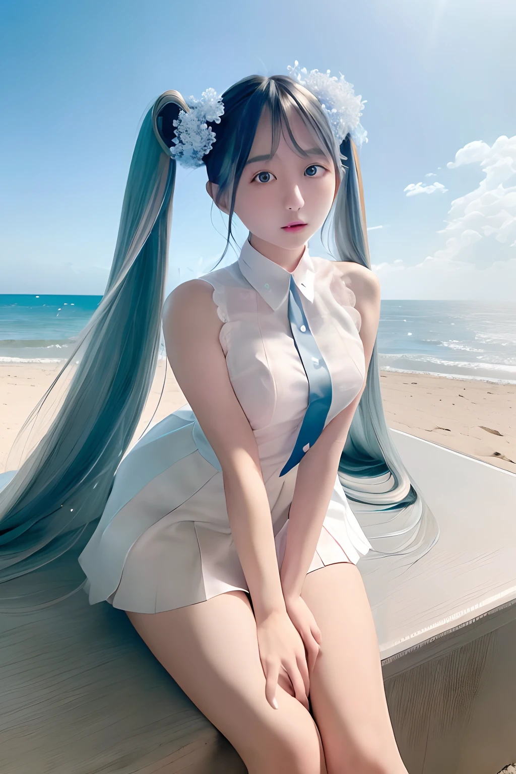all-fours、Disgusting eyes、Drunken eyes、Stranger、White blue sky、Strong sunshine in summer、the beach、sand beach、shores、Raise one leg。Clear blue sky、all-fours、Hands in the crotch、miku hatsune、Official art, masterpiece, Gothic ta、foco nítido, (Beautiful gorgeous cute korean woman:1.3), (Beautiful cute korean woman:1.3), Korean beauty, Delicate Beautiful Hair and Eyes and Face, realisitic, ultra-detailliert, a beauty girl, blue-sky, Glow white particles, (side lights:1.2), rays of sunshine, white clouds, Fine clouds, A slender, 1girl in, Dynamic Angle,Full body, 100-layers,masutepiece,supreme,best,amazinig,great,detail,Stylish,Illustration,action SHOT, aiming at viewer, hands on pockets, School uniform, Blunt bangs, Hairpin, Shy,superfine illustration,(((beautiful fine hair))),(((Beautiful Fine Face))),(((Beautiful fine background))),