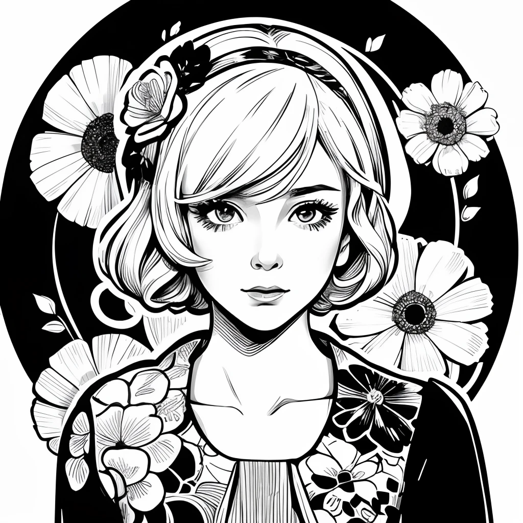 Black and white stick figure 1 girl with flowers, lots of flowers in background, in dress with flowers, its fine ink line art, comic style, portrait of ploynesian girl, Marilyn Munroe, Hollywood glam, beautiful line art, black and white comic style, manga style, manga art style, pencil and ink caricature drawing, black and white coloring
