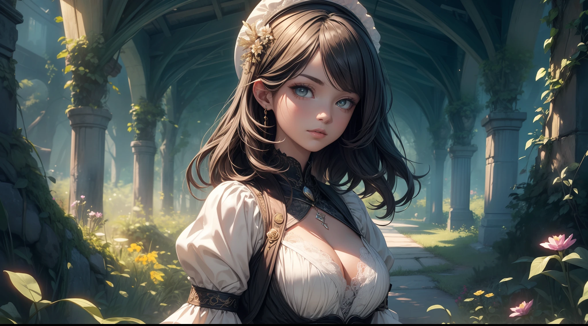 village field peasant woman, 24-year-old female, (face detail), magic lights, magic necklace, dress, neckline, (lacy), [[((forest)):((field)):0.25]:((village)):0.6], train on background, magic technologies, futurism, fantasy, magic, silk, 1girl, masterpiece, best quality, decollete, natural breasts, slim body, zettai ryouiki, medium length hair, (beautiful detailed bright eyes), portrait, (full body:1.3), (beautiful and aesthetic:1.2, fractal art:1.4), most realistic, hyper-realistic, RAW, highest quality, best quality, Detailed, Realistic, 4k highly detailed digital art, octane render, bioluminescent, (cool_color), best pixels, 8k ultra, extremely detailed CG unity 8k wallpaper, cinematic lighting