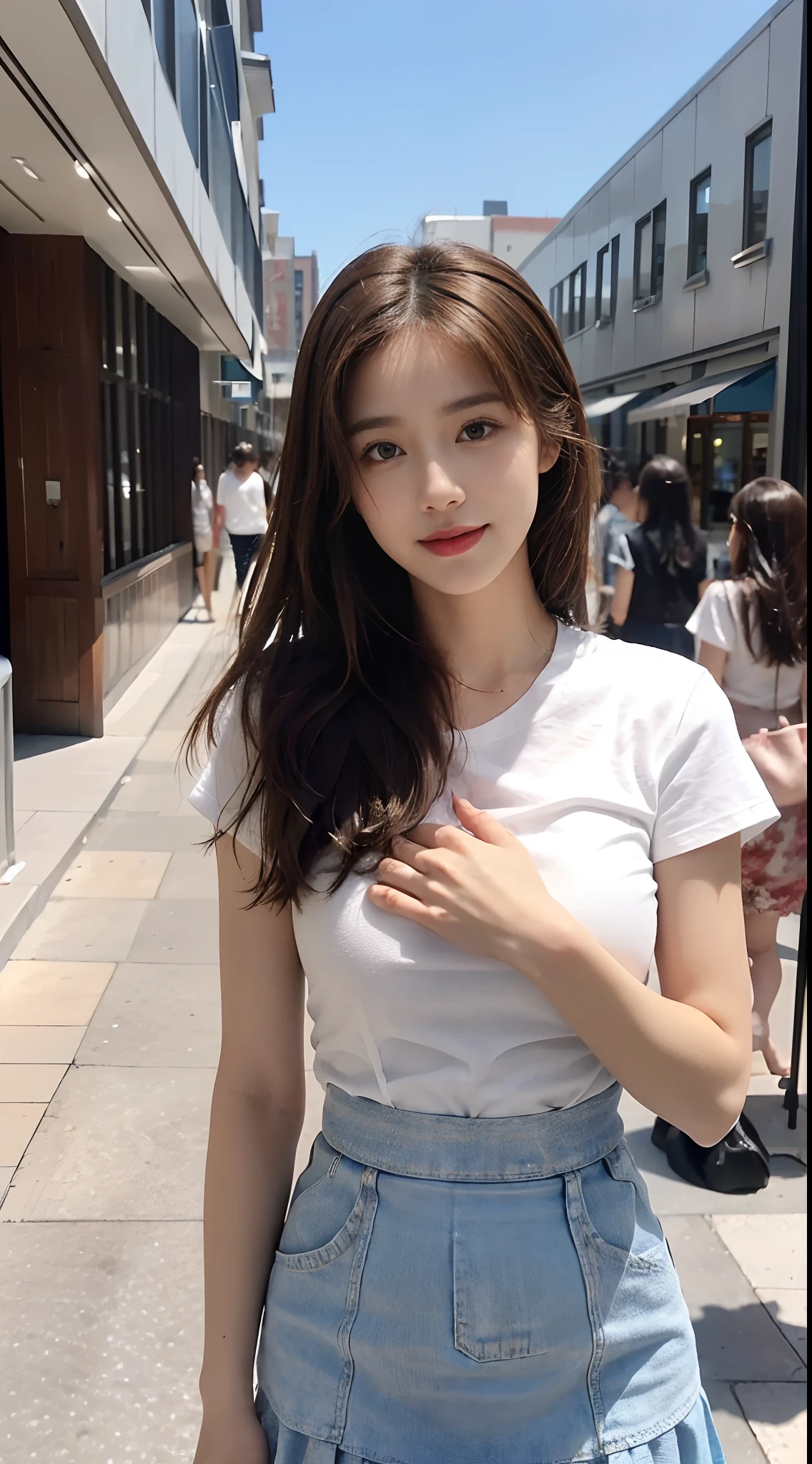 ((Best picture quality, 8K, tmasterpiece: 1.3)), self-shot, Sharp focus: 1.2, A cute beauty with a perfect figure: 1.4, Slim big breasts, ((Brown hair black)) , (whitet-shirt,pleatedskirt,Highly detailed face,Happy expression,standing on your feet:1.2),((A city with blue skies and white clouds,At the cafe:1.3. Produced with a major focus on women)),Highly detailed facial and skin texture,Detailed eyes,二重まぶた