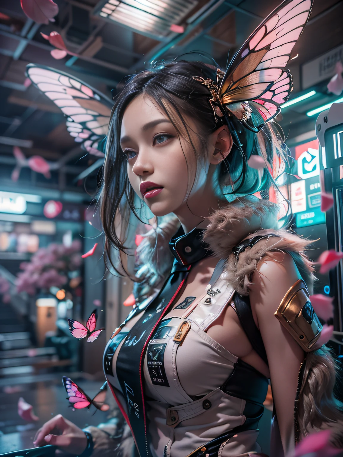 ((best qualtiy)), ((tmasterpiece)), (the detail:1.4), 。.。.。.。.3D, Beautiful cyberpunk female images,hdr(HighDynamicRange),Ray traching,NVIDIA RTX,Hyper-Resolution,Unreal 5,sub surface scattering,PBR textures,post-proces,Anisotropy Filtering,depth of fields,maximum definition and sharpness,Many-Layer Textures,Albedo e mapas Speculares,Surface coloring,Mitsu-Accurate simulation of material interactions,perfectly proportions,rendering by octane,Two-colored light,largeaperture,Low ISO,White balance,Rule three points、8K raw data、beautiful bright pupils,flowing robe,Fine pupils,Delicate face and eyes,long eyelasher,Blushlush,Fluffy blonde hair,Pink lips,Pure,Cute big breasts,Cherry blossom petals fall,Glowing butterflies,Glowing butterflies,Glowing butterflies,
