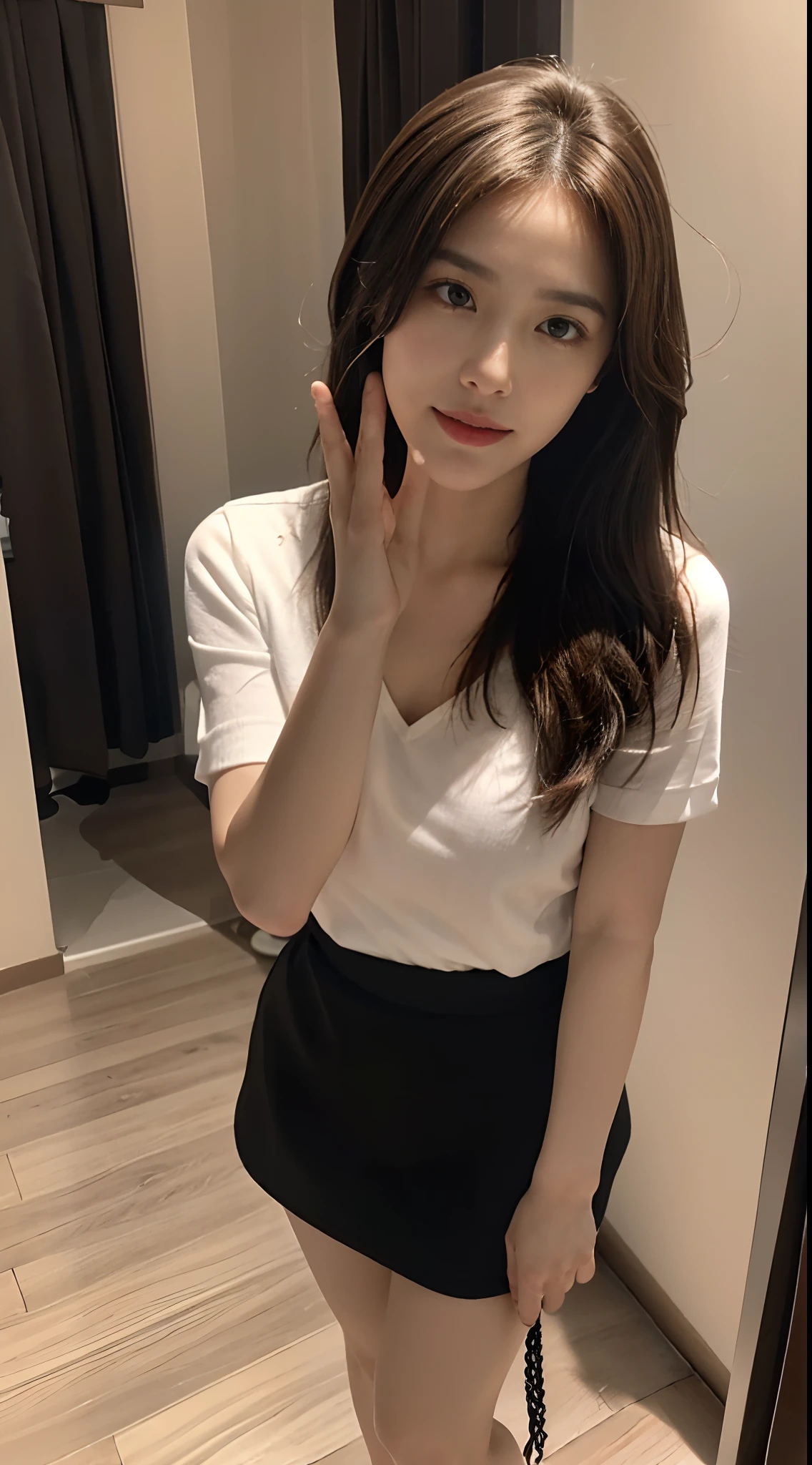(8k), (highest quality: 1.2), (Realistic), (Realistic: 1.37), Ultra-high resolution, 1 girl, cute, smile, Mouth closed, Beautiful details, Beautiful Nose, whole body, Wet Hair, Giant Dulcefo, pork, , Thighs,Selfie,,White shirt,YLeave the bottom of your shirt out,Unbutton all the buttons,Grey pleated skirt,Oversized white socks,Baggy socks