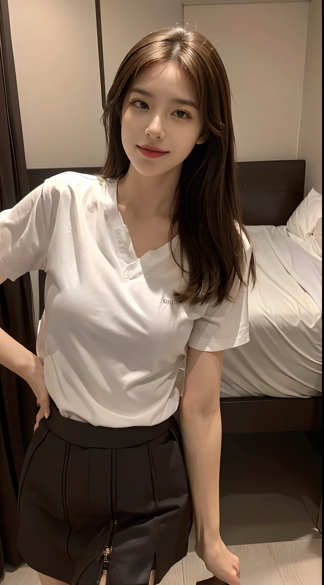 ((Best picture quality, 8K, tmasterpiece: 1.3)), self-shot, Sharp focus: 1.2, A cute beauty with a perfect figure: 1.4, Slim, ((Brown hair black)) , (whitet-shirt，pleatedskirt，Highly detailed face，Happy expression，standing on your feet：1.2），（（The city of blue skies，simple bedrooms：1.3. Produced with a major focus on women）），Highly detailed facial and skin texture，Detailed eyes，二重まぶた