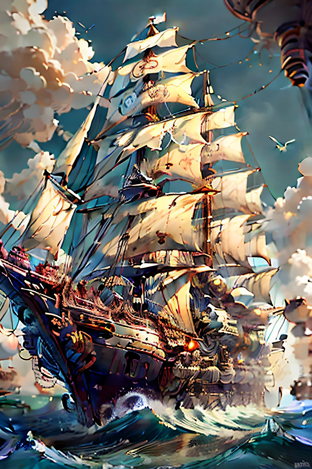 Steampunk sailing ships sailing at sea