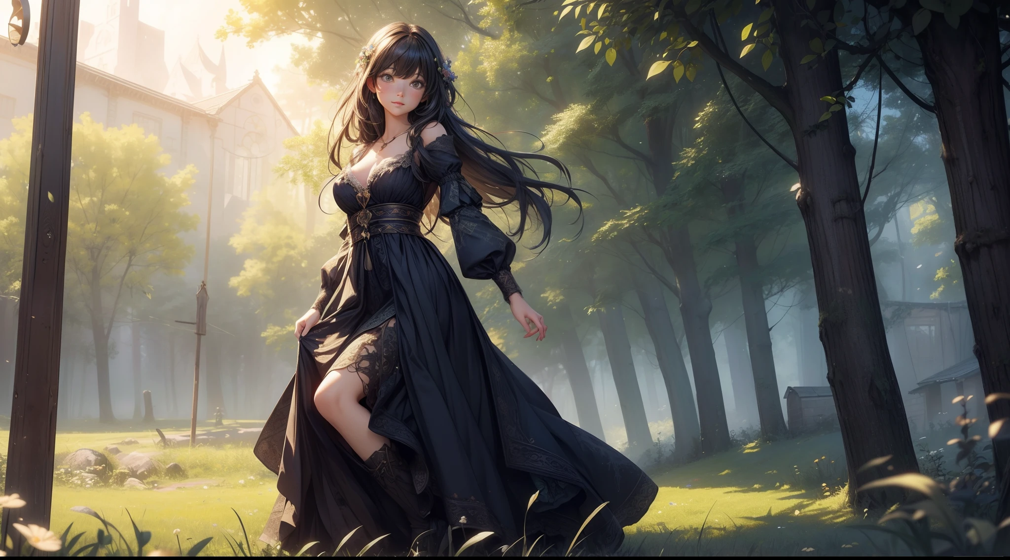 village field peasant woman, 24-year-old female, (delicate face detail), magic lights, magic necklace, sundress, neckline, (lacy), ([[forest:field:0.25]:village:0.6]:1.3), train on background, magic technologies, futurism, fantasy, magic, silk, 1girl, Dynamic Poses, masterpiece, best quality, decollete, natural breasts, slim body, zettai ryouiki, medium length hair, (beautiful detailed bright eyes), (full body portrait:1.3), (beautiful and aesthetic:1.2, fractal art:1.4), best quality, Detailed, Realistic, 4k highly detailed digital art, extremely detailed CG unity 8k wallpaper, cinematic lighting