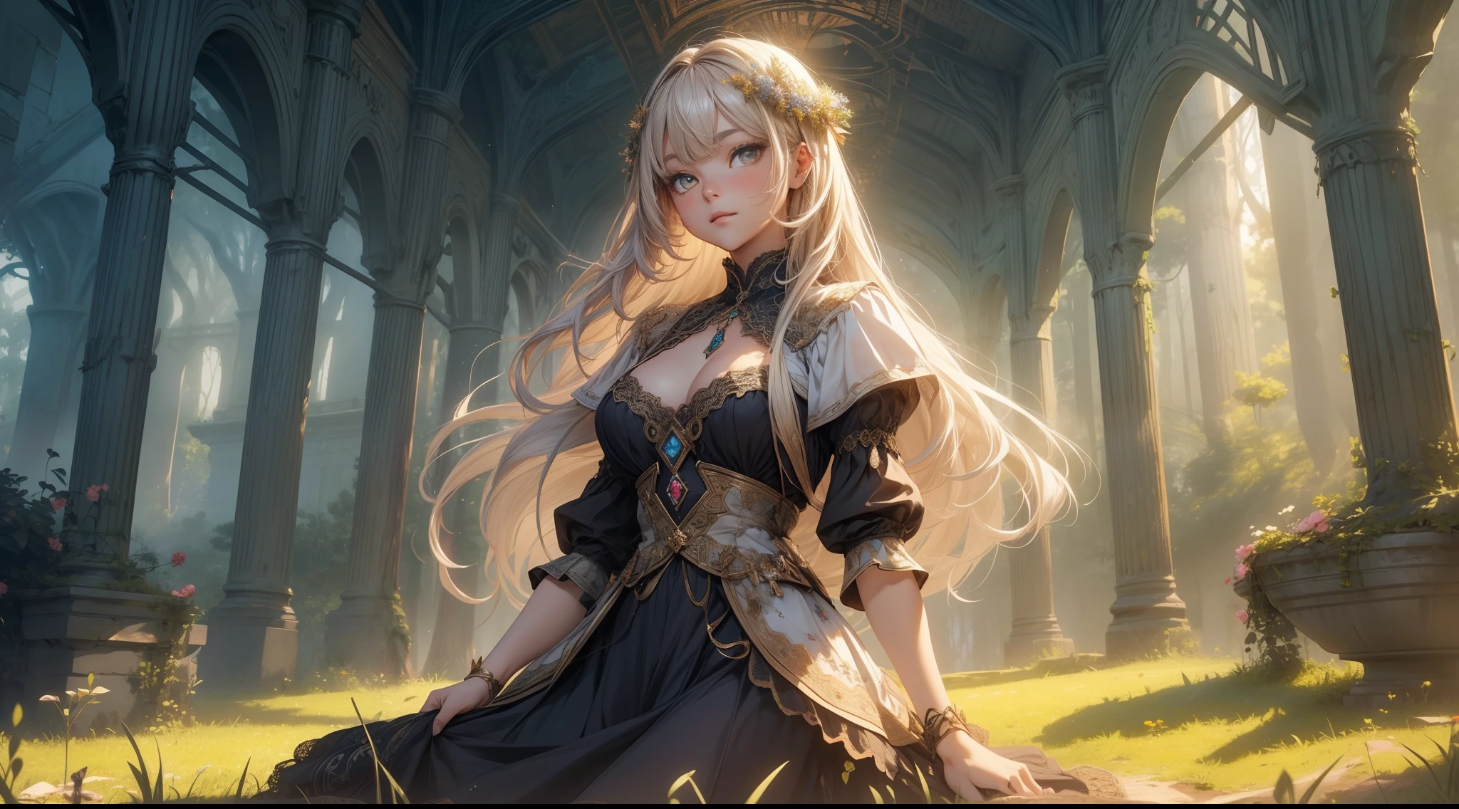 village field peasant woman, 24-year-old female, (delicate face detail), magic lights, magic necklace, sundress, neckline, (lacy), ([[forest:field:0.25]:village:0.6]:1.3), train on background, magic technologies, futurism, fantasy, magic, silk, 1girl, Dynamic Poses, masterpiece, best quality, decollete, natural , slim body, zettai ryouiki, medium length hair, (beautiful detailed bright eyes), (full body portrait:1.3), (beautiful and aesthetic:1.2, fractal art:1.4), best quality, Detailed, Realistic, 4k highly detailed digital art, extremely detailed CG unity 8k wallpaper, cinematic lighting