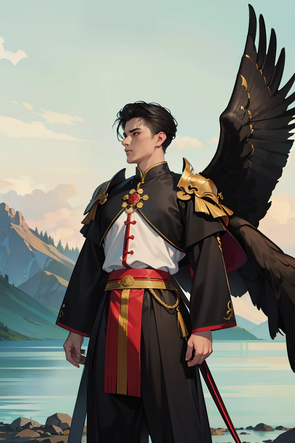 duas mulheres maduras juntas,cabelos negros,compridos presos ,olhos escuros,usando roupa sexy estilo hunfa velha wuxia,voluptuosa seios grandes,impetuosa,arrogante,mulher muito linda,roupa feminina cor dourada,lider de seita marcial,(ultra realista,extremamente detalhado)Standing in an imposing position holding a large battle sword with a large giant eagle at its side.