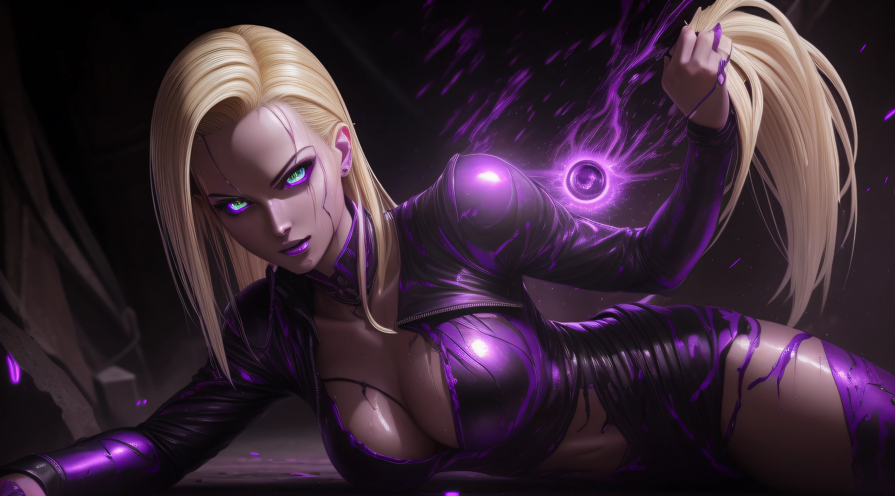 sexy android 18, Glow, seductive, glowing purple eyes , sexy , (ultra photorealistic:1.3), (masterpiece:1.4), best quality, ((realistic)), high quality, ultra detailed, ((real image)), ((realistic skin)), ((realistic face)),(illustration:1.05), (beautiful:1.05), (beautiful detailed eyes:1.05), (cinematic light:1.1), Extremely realistic , evil , wet ,corrupted , black veins ,parasites , dark energy , swarm, hive , grin , sadistic, wet ,lesbian ,portrait , purple glow ,
