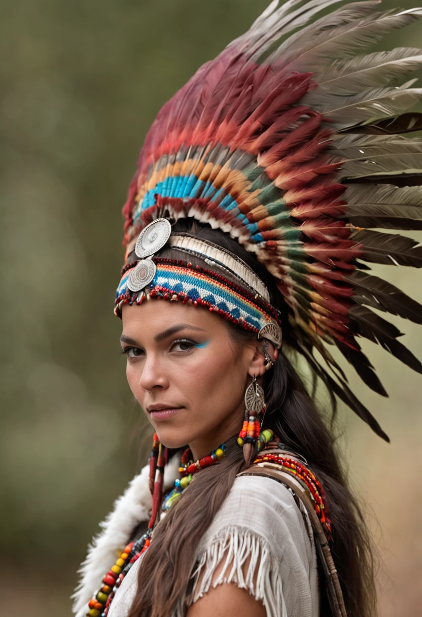 Woman in a feather headdress with feathers on her head,(((rosto pintado))), Retrato da princesa asteca, usando coroa de penas brilhantes,  com penas, beautiful young female shaman,rosto pintado,Strobe, she is dressed in shaman clothes,sombra, cocar emplumado,(Auroracore : 1,5),auto contrast, tatuagem do esterno, cocar ornamentado, a young female shaman, Angelina Jolie UHD, cocar, : native american shamen fantasy, cocar centralizado,rosto pintado,Strobe,Auroracore, Bobina de Tesla.