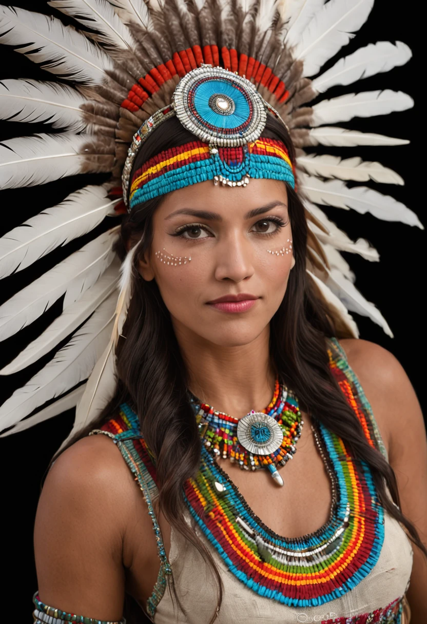 Woman in a feather headdress with feathers on her head,(((rosto pintado))), Retrato da princesa asteca, usando coroa de penas brilhantes, com penas, beautiful young female shaman,rosto pintado,Strobe, she is dressed in shaman clothes,sombra, cocar emplumado,(Auroracore : 1,5),auto contrast, tatuagem do esterno, cocar ornamentado, a young female shaman, Angelina Jolie UHD, cocar, : native american shamen fantasy, cocar centralizado,rosto pintado,Strobe,Auroracore, Bobina de Tesla.