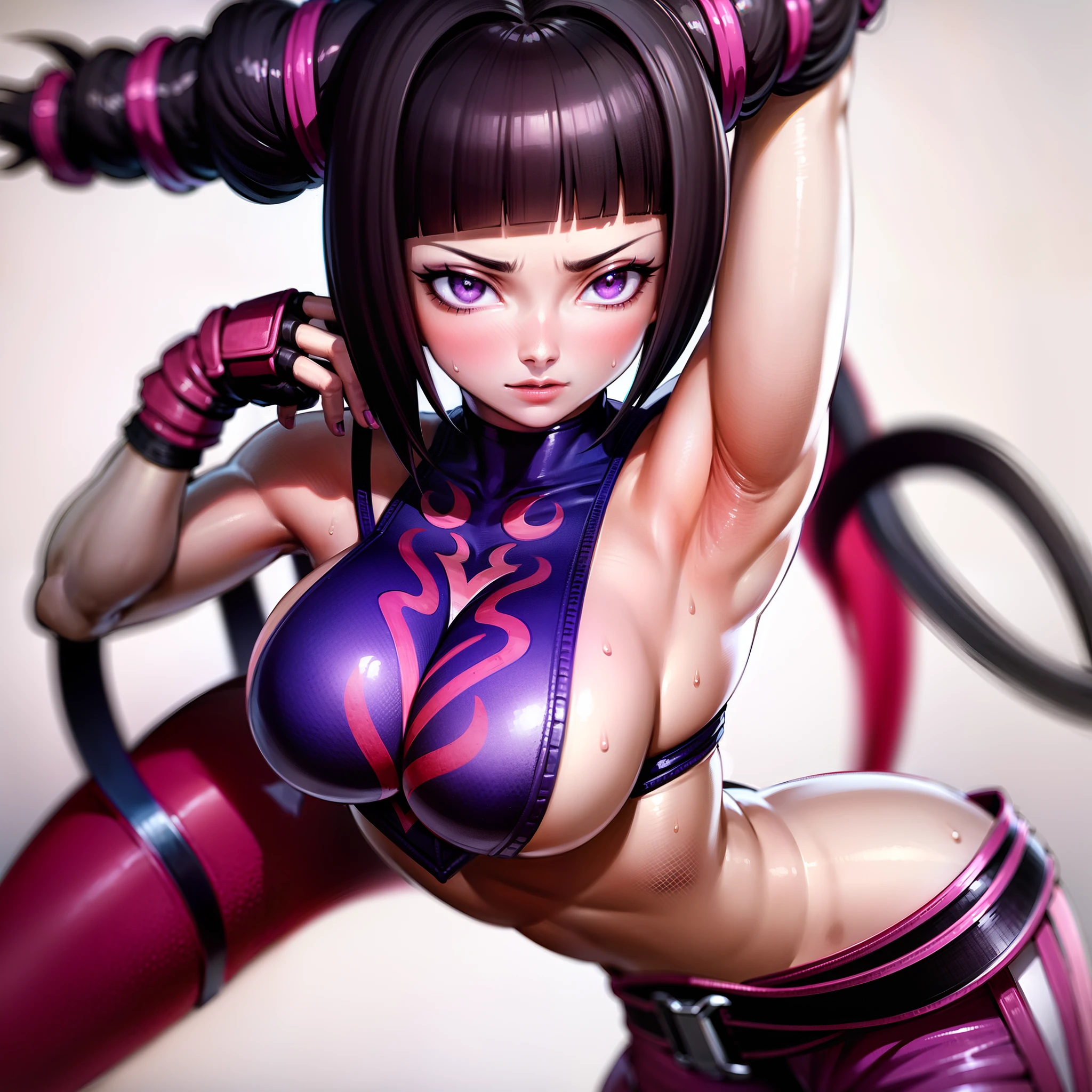 masterpiece, look at viewer, Juri from street fighter, perfect detailed eyes, sexy breast, fitness body, dark ally in background, black hair,streetfighter,best quality, 4k resolution, official, detailed background, detailed face, detailed eyes, looking at viewer, , sfiv, hair horns, white baggy pants, bangs, soft lighting, arms behind head, arms up, armpit, sweat, sweaty, sweaty armpit
