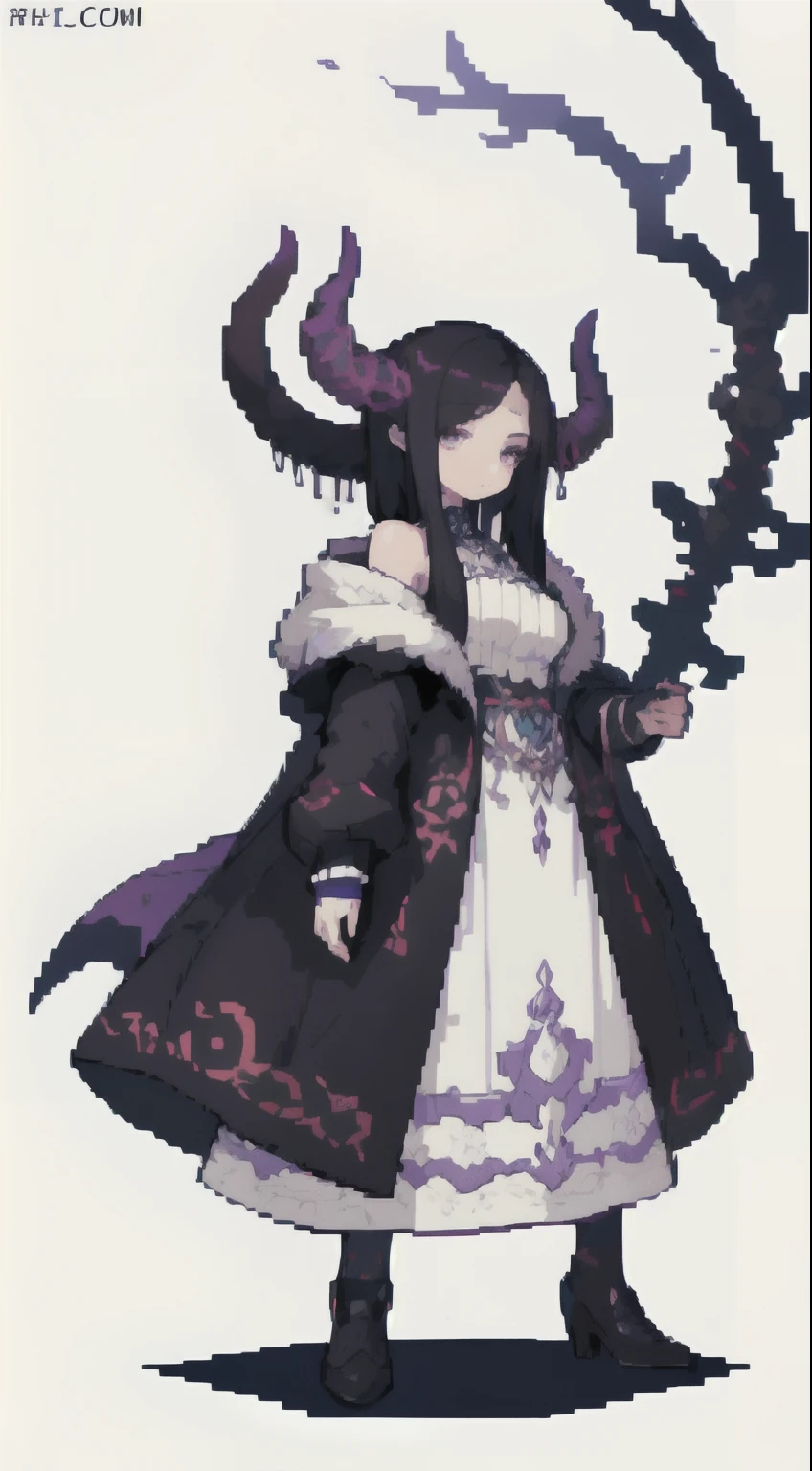 (Masterpiece, Top quality, Best quality), pix, Pixel art,1girll, The demons,full bodyesbian, One guy, Wear an overcoat,White skin, Purple iris, Short gray-black hair, scyscraper