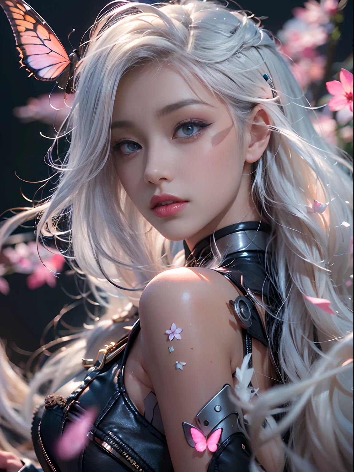 ((best qualtiy)), ((tmasterpiece)), (the detail:1.4), 。.。.3D, Beautiful cyberpunk female images,hdr(HighDynamicRange),Ray traching,NVIDIA RTX,Hyper-Resolution,Unreal 5,sub surface scattering,PBR textures,post-proces,Anisotropy Filtering,depth of fields,maximum definition and sharpness,Many-Layer Textures,Albedo e mapas Speculares,Surface coloring,Mitsu-Accurate simulation of material interactions,perfectly proportions,rendering by octane,Two-colored light,largeaperture,Low ISO,White balance,Rule three points、8K raw data、beautiful bright pupils,flowing robe,Fine pupils,Delicate face and eyes,long eyelasher,Blushlush,voluminous hair,Pink lips,Pure,Cute big breasts,Cherry blossom petals fall,Glowing butterflies,Glowing butterflies,Glowing butterflies,