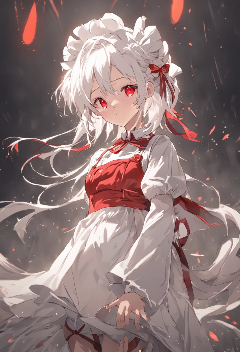 2D two-dimensional white hair red eyes white silk young girl full body photo maid pretending breasts