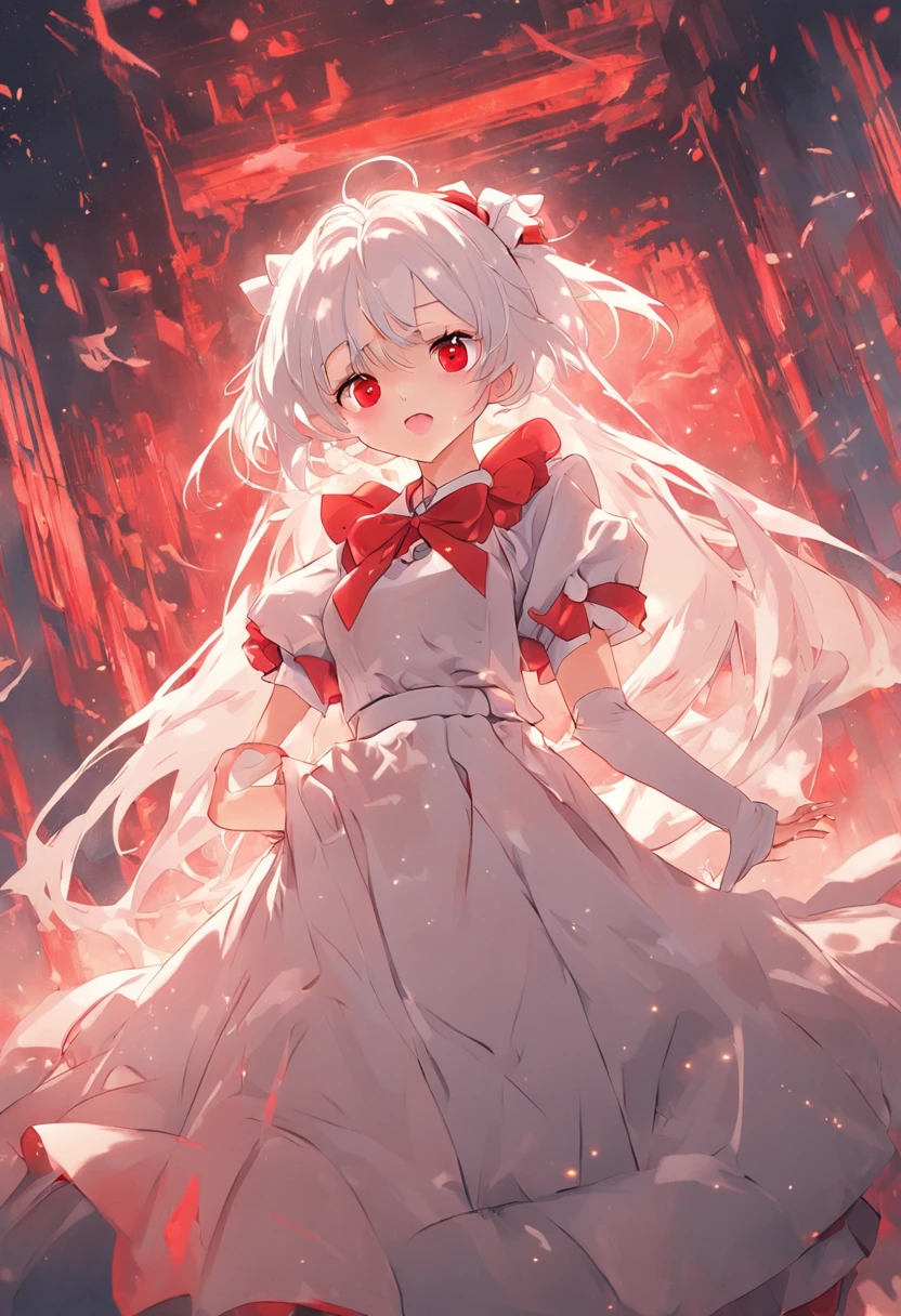 2D two-dimensional white hair red eyes white silk young girl full body photo maid pretending breasts