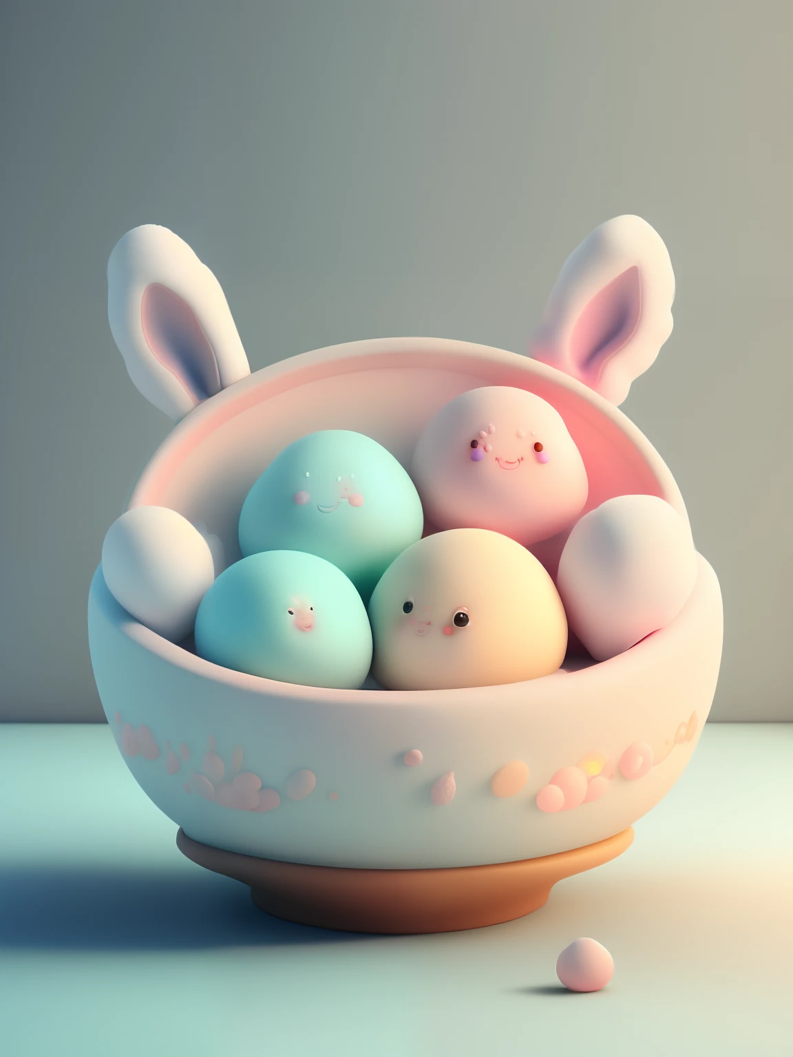 Chibi style,Dozens of tangyuan with rabbit ears,Very cute face,Very real,Chinese folk art style tangyuan,Chinese kitchen background,Steaming hot,It looks delicious.,Ultra high definition image quality,